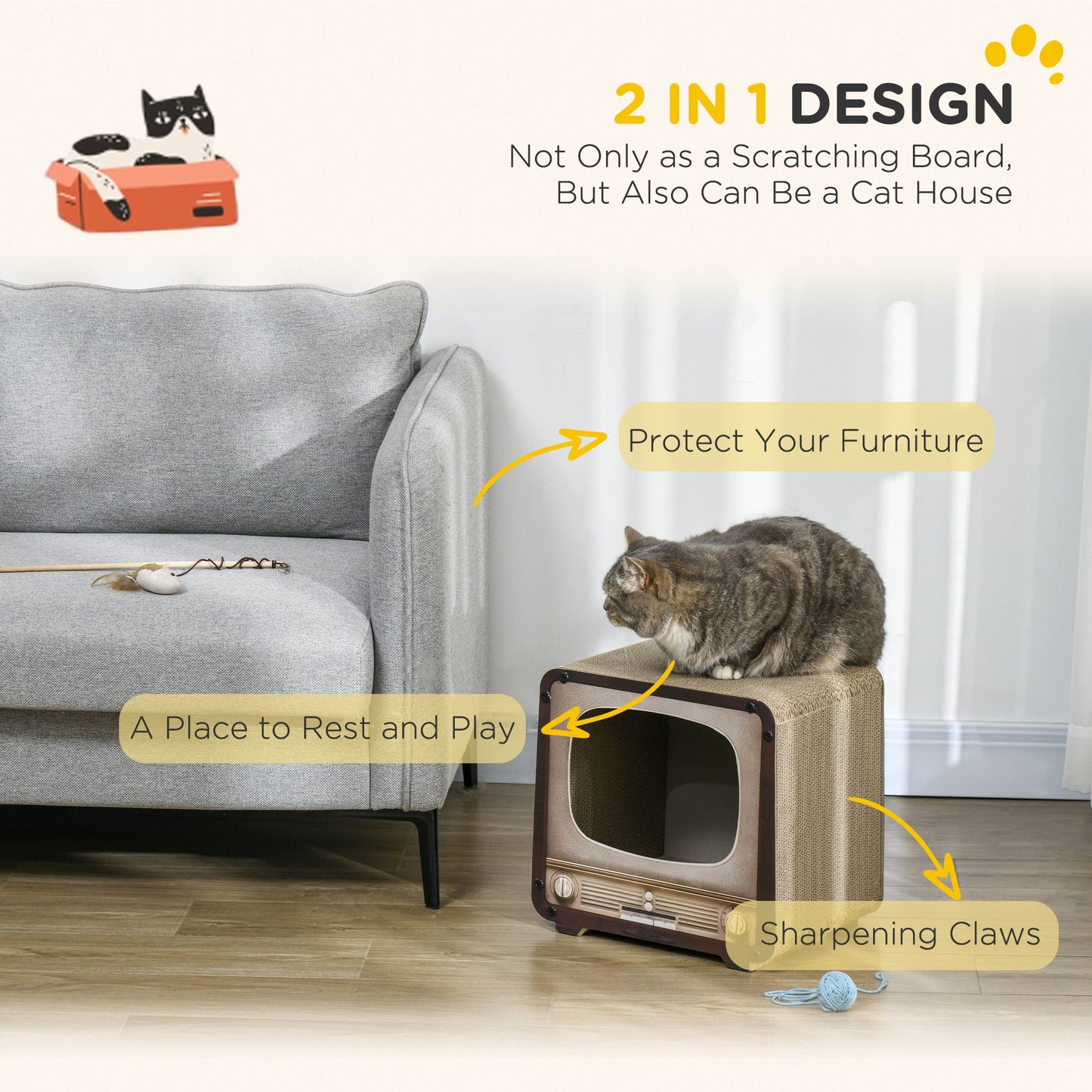 Cat Scratching Board, Cat Scratcher TV Shape Corrugated Cardboard 2 in 1 Cat House with Catnip, for Indoor Cats, Brown