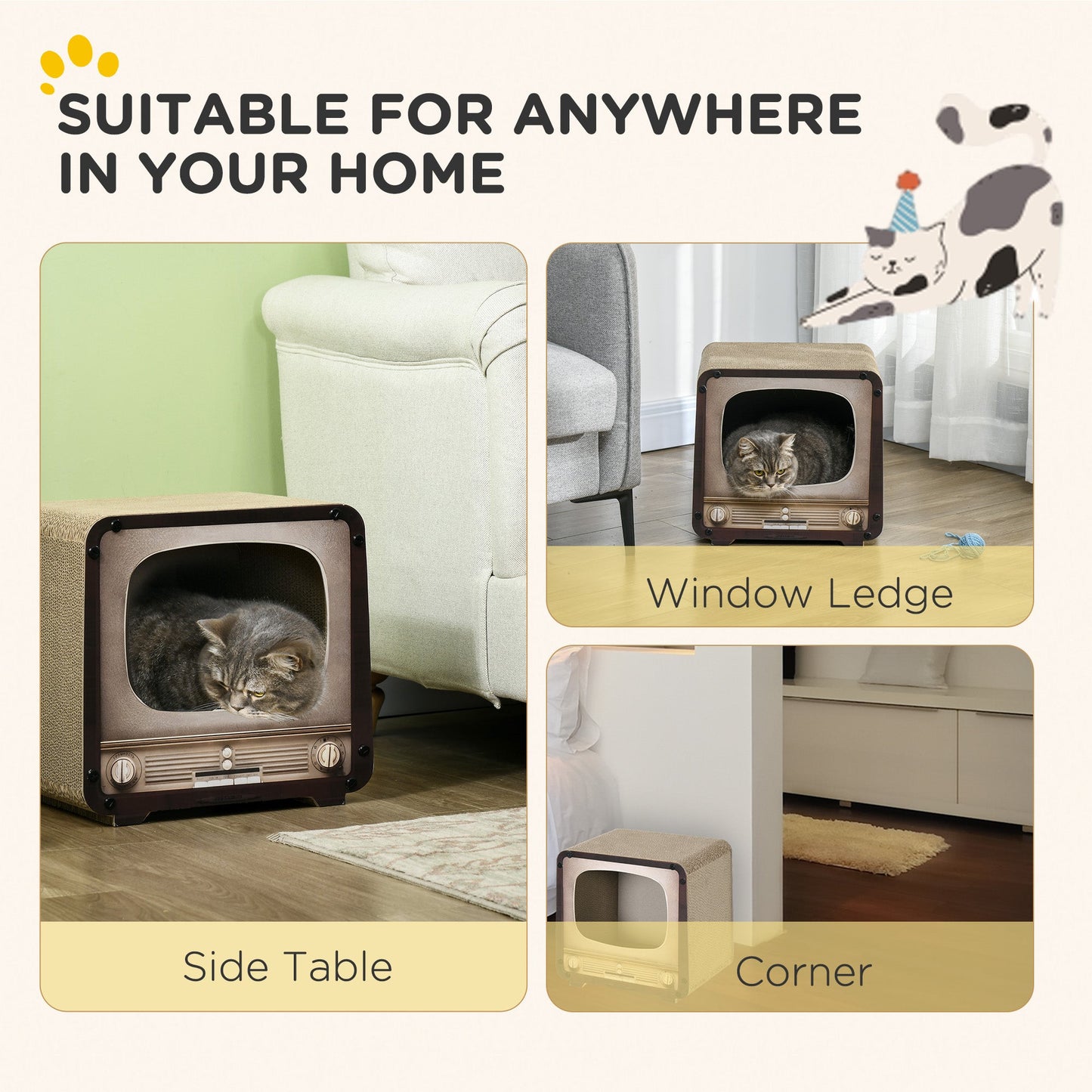 Cat Scratching Board, Cat Scratcher TV Shape Corrugated Cardboard 2 in 1 Cat House with Catnip, for Indoor Cats, Brown