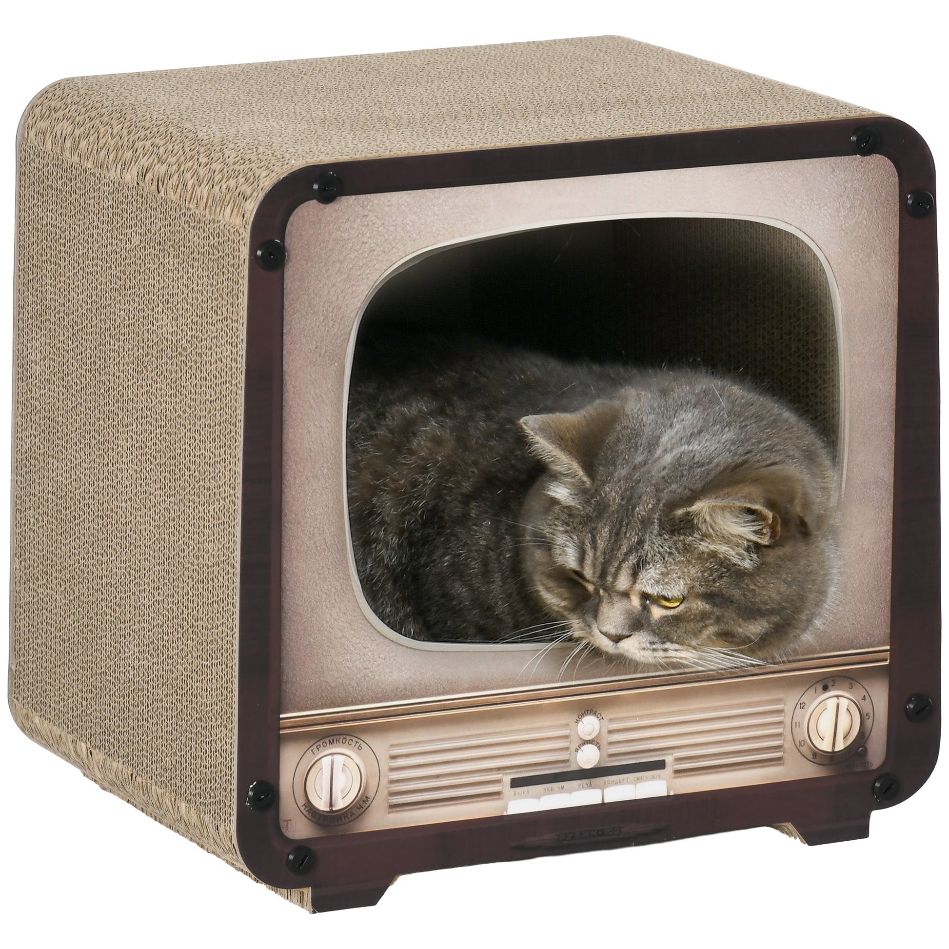 Cat Scratching Board, Cat Scratcher TV Shape Corrugated Cardboard 2 in 1 Cat House with Catnip, for Indoor Cats, Brown