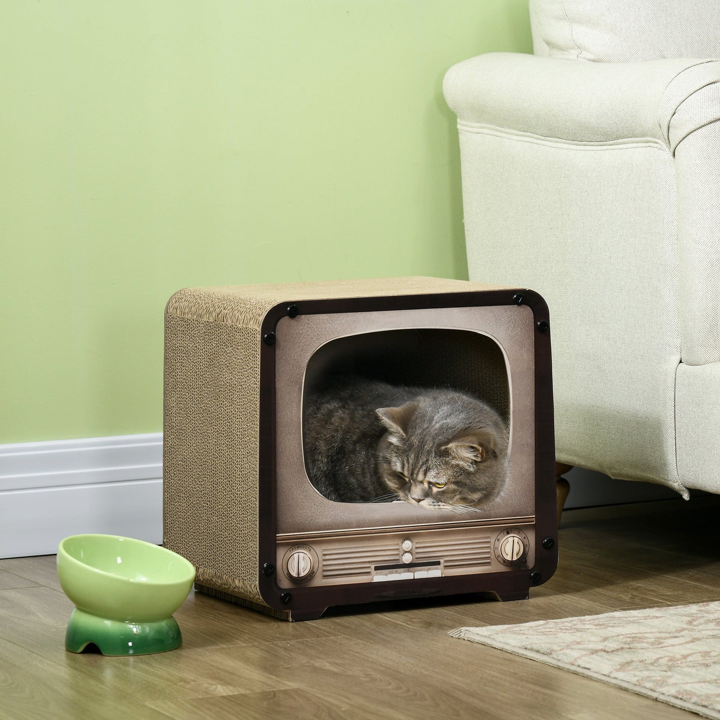 Cat Scratching Board, Cat Scratcher TV Shape Corrugated Cardboard 2 in 1 Cat House with Catnip, for Indoor Cats, Brown