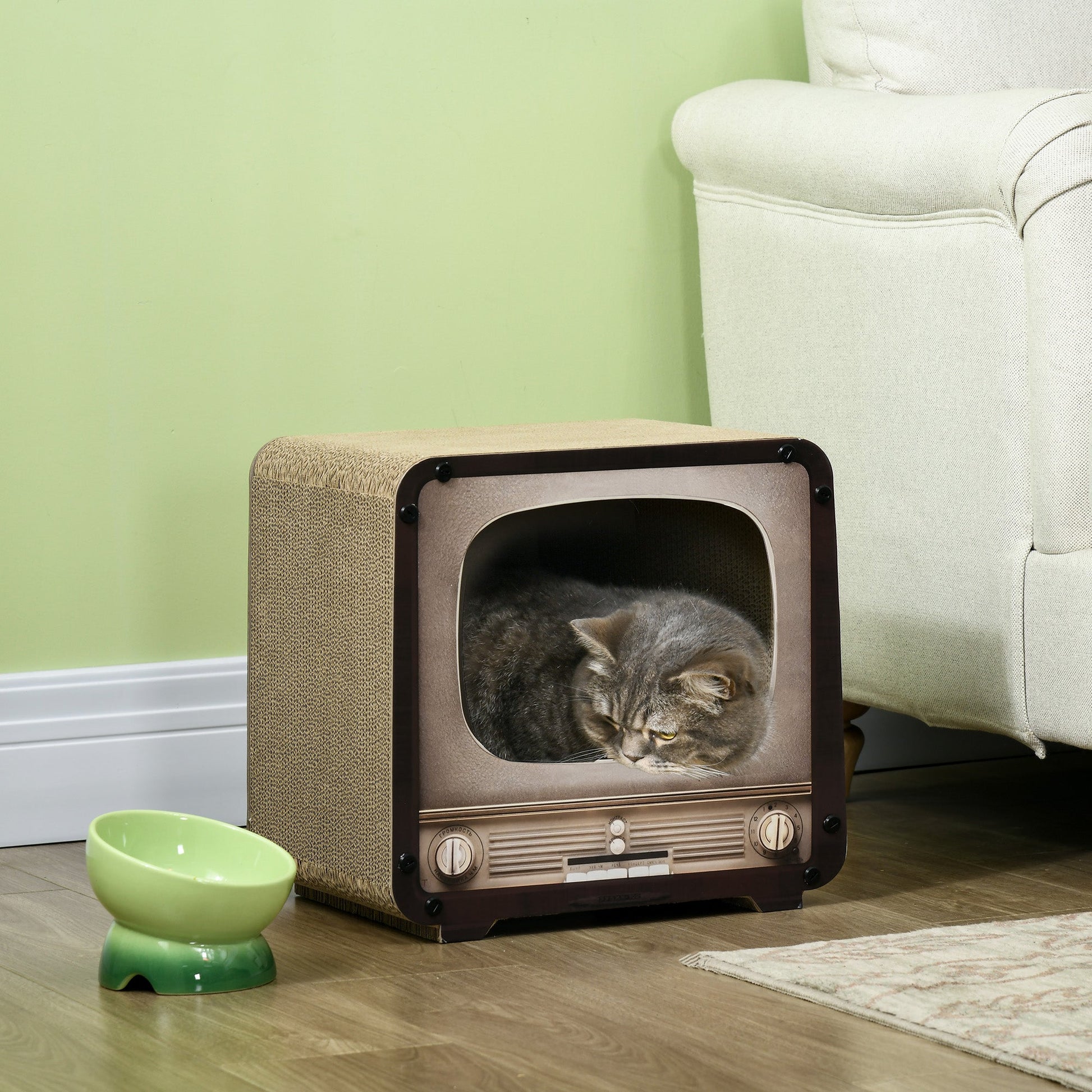 Cat Scratching Board, Cat Scratcher TV Shape Corrugated Cardboard 2 in 1 Cat House with Catnip, for Indoor Cats, Brown