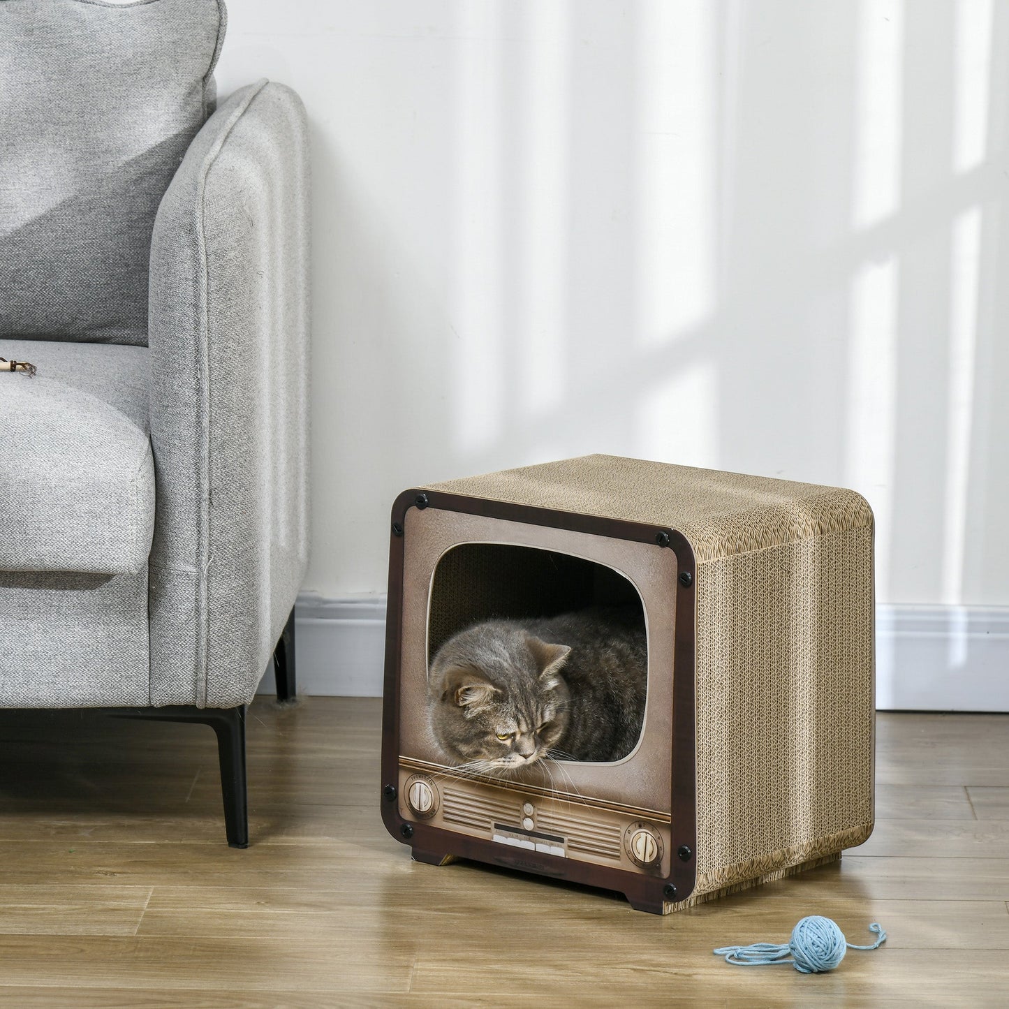 Cat Scratching Board, Cat Scratcher TV Shape Corrugated Cardboard 2 in 1 Cat House with Catnip, for Indoor Cats, Brown
