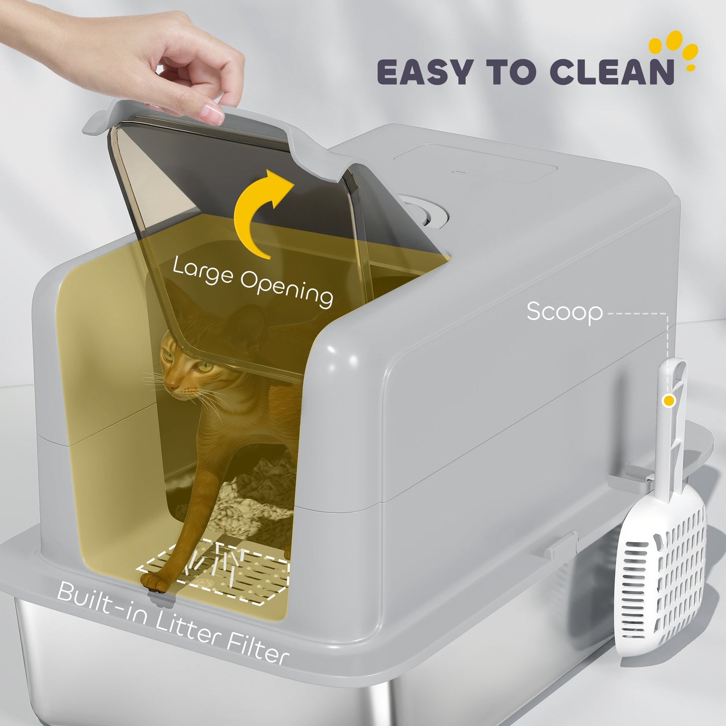 Stainless Steel Cat Litter Box, Extra Large Metal Cat Litter Tray with Lid, Scoop, Filter Bags, Grey