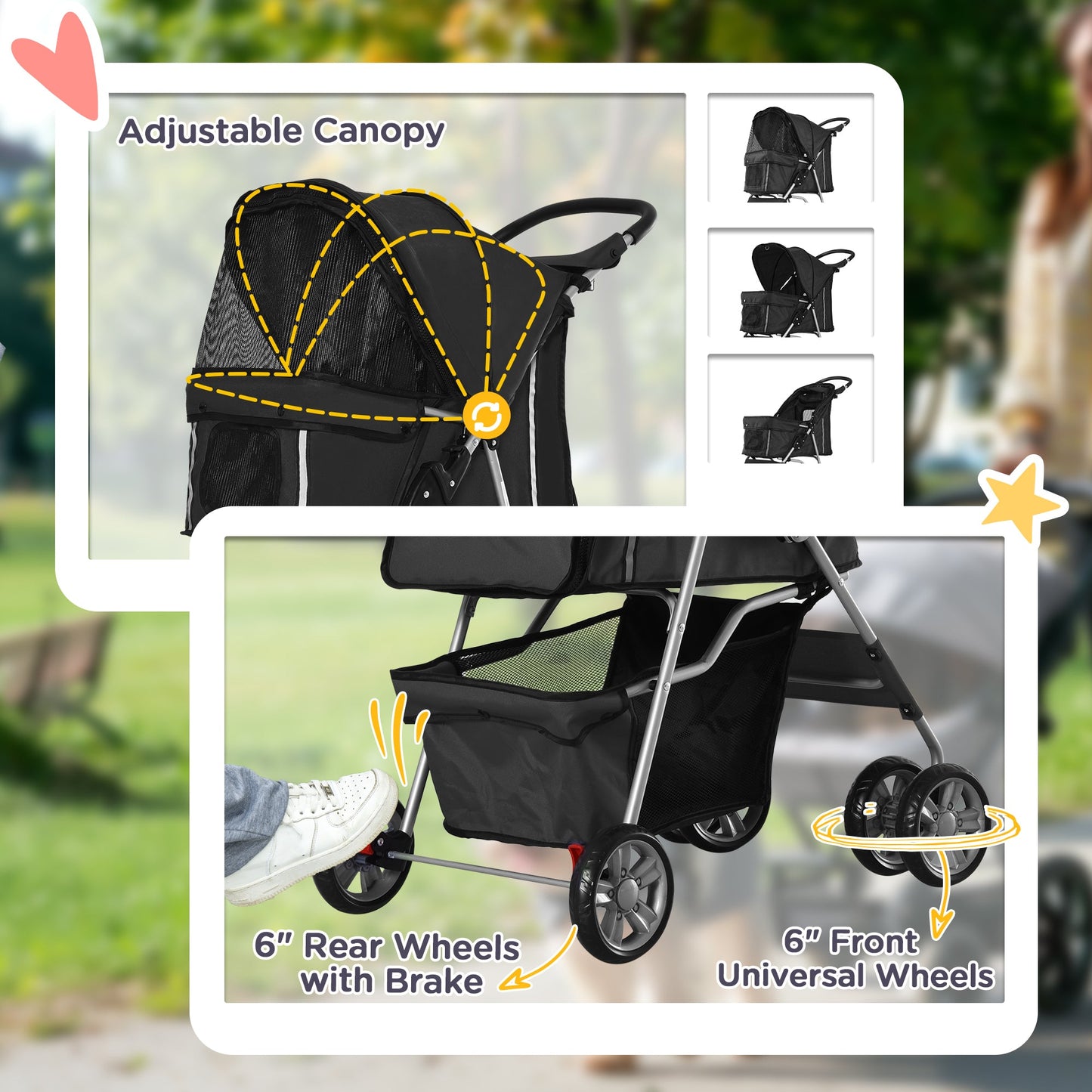 Pet Stroller for Small Miniature Dogs Cats Foldable Travel Carriage with Wheels Zipper Entry Cup Holder Storage Basket Black