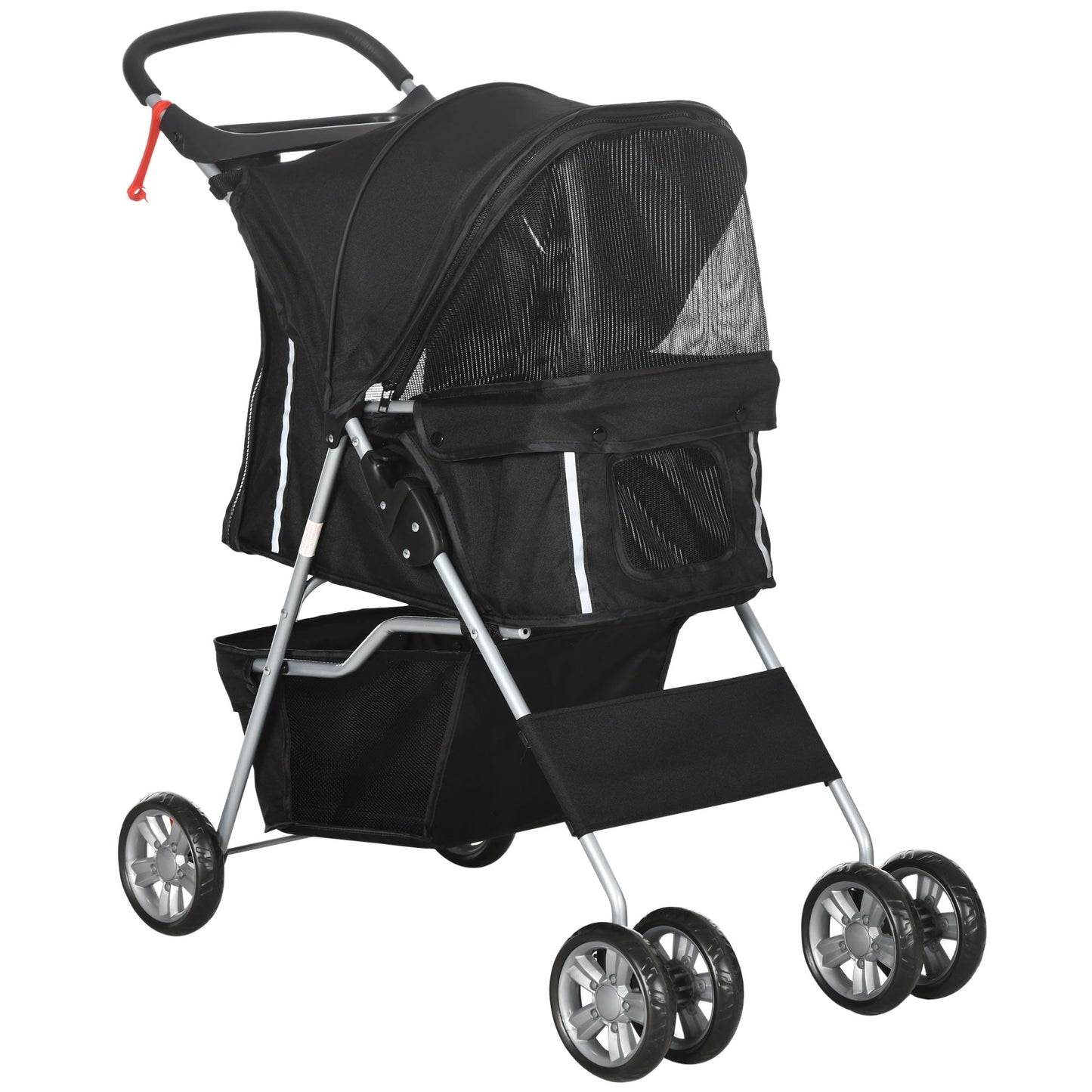 Pet Stroller for Small Miniature Dogs Cats Foldable Travel Carriage with Wheels Zipper Entry Cup Holder Storage Basket Black