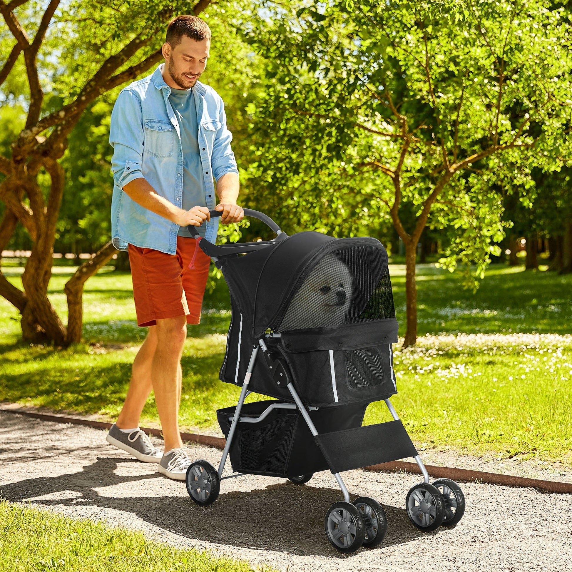 Pet Stroller for Small Miniature Dogs Cats Foldable Travel Carriage with Wheels Zipper Entry Cup Holder Storage Basket Black