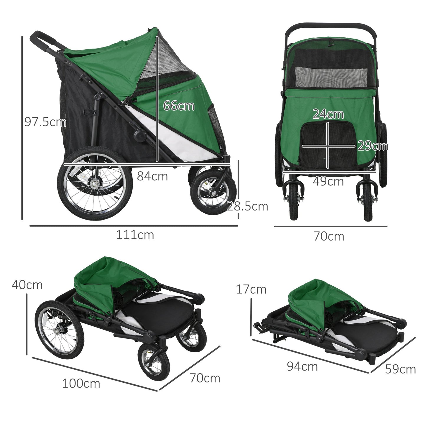 Large Dog Stroller Dog Pram Foldable Pet Pushchair with Safety Leashes for Medium, Large Dogs - Green