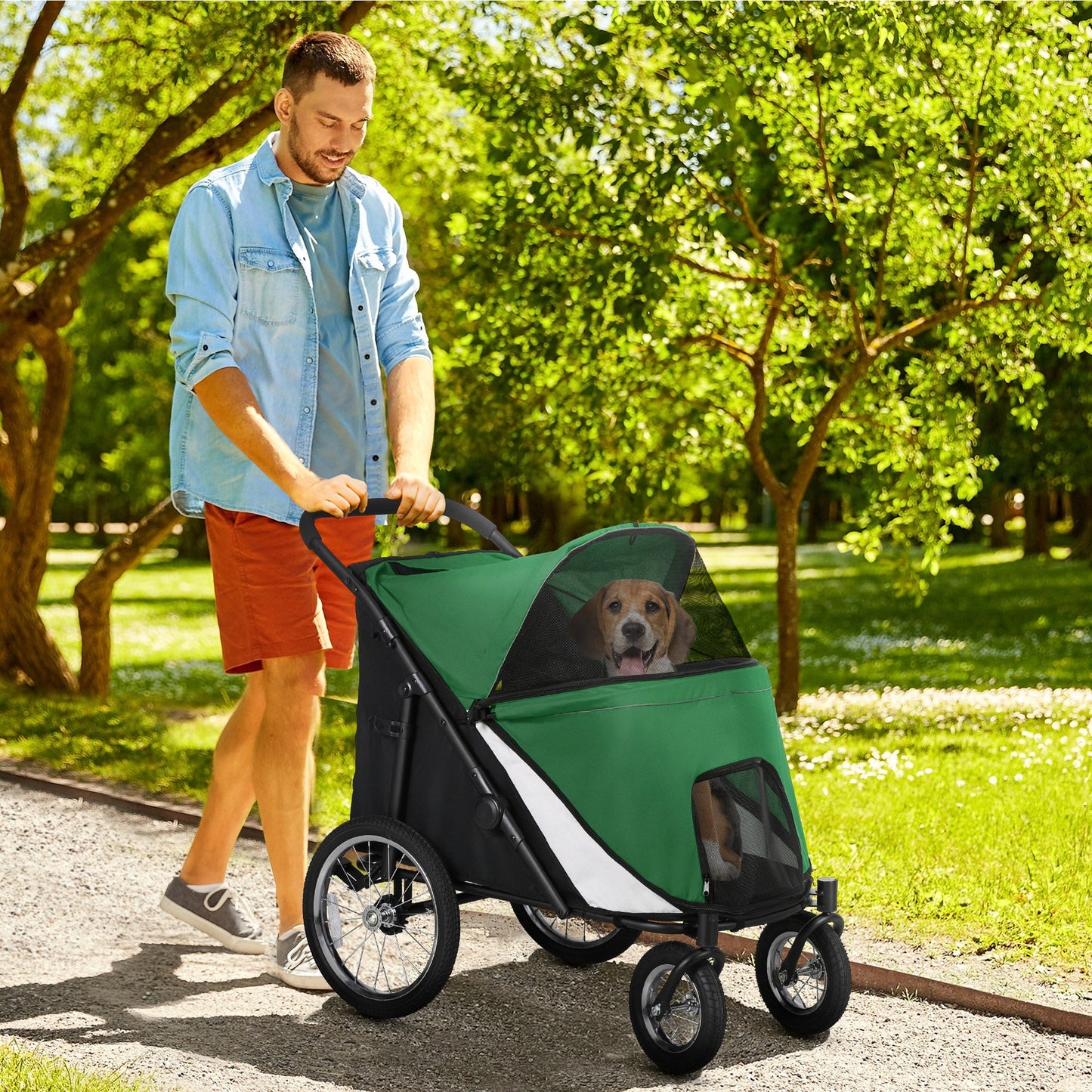 Large Dog Stroller Dog Pram Foldable Pet Pushchair with Safety Leashes for Medium, Large Dogs - Green