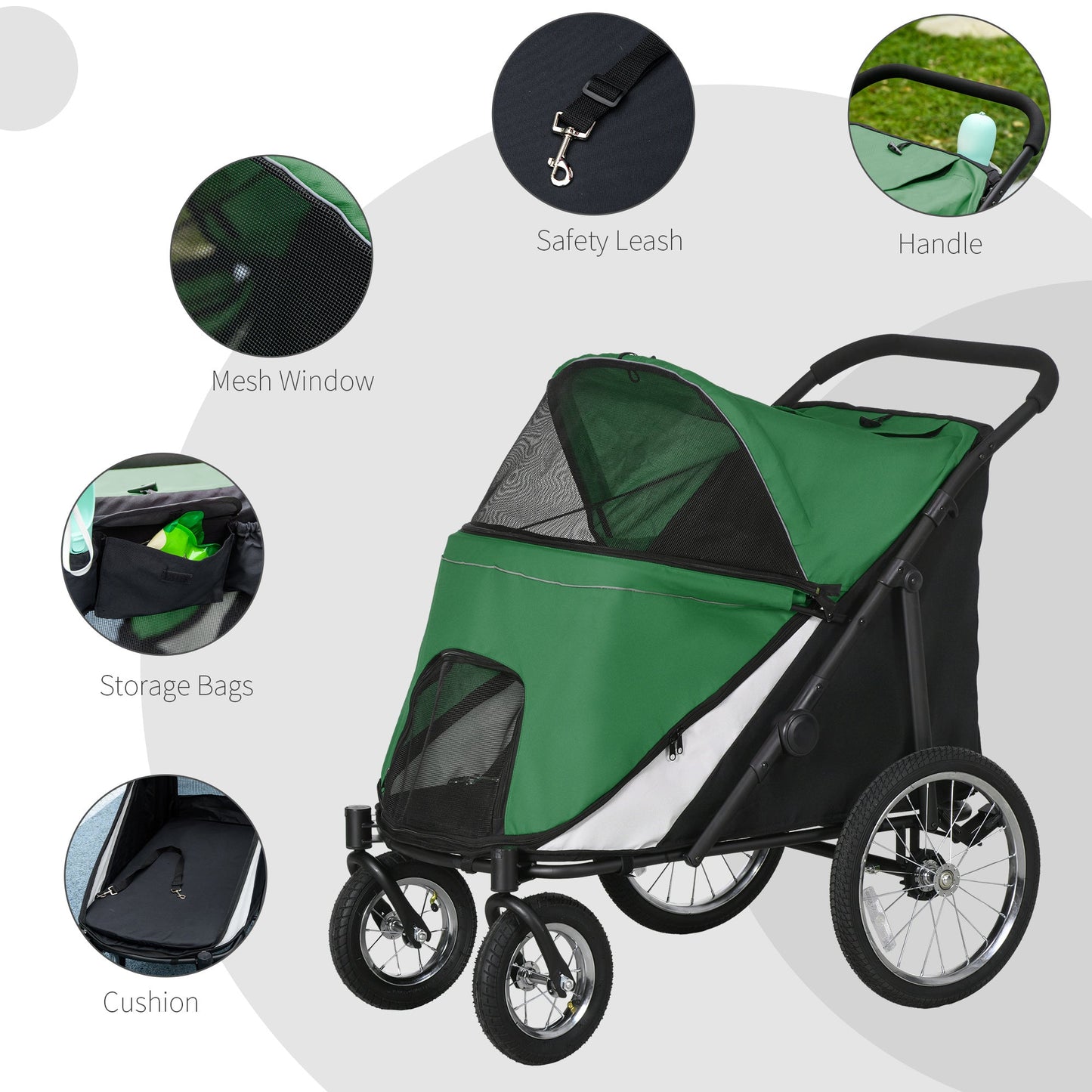 Large Dog Stroller Dog Pram Foldable Pet Pushchair with Safety Leashes for Medium, Large Dogs - Green