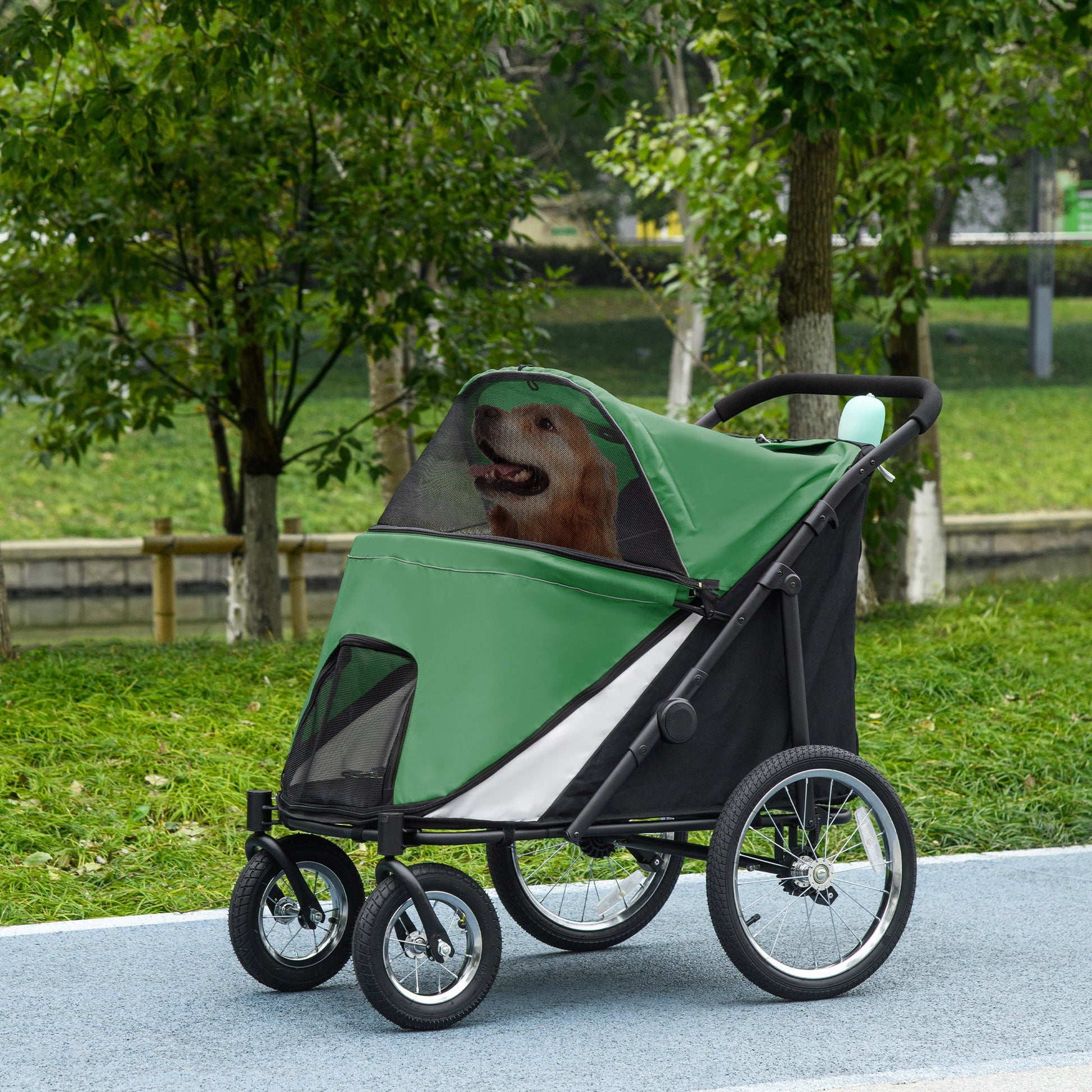 Large Dog Stroller Dog Pram Foldable Pet Pushchair with Safety Leashes for Medium, Large Dogs - Green