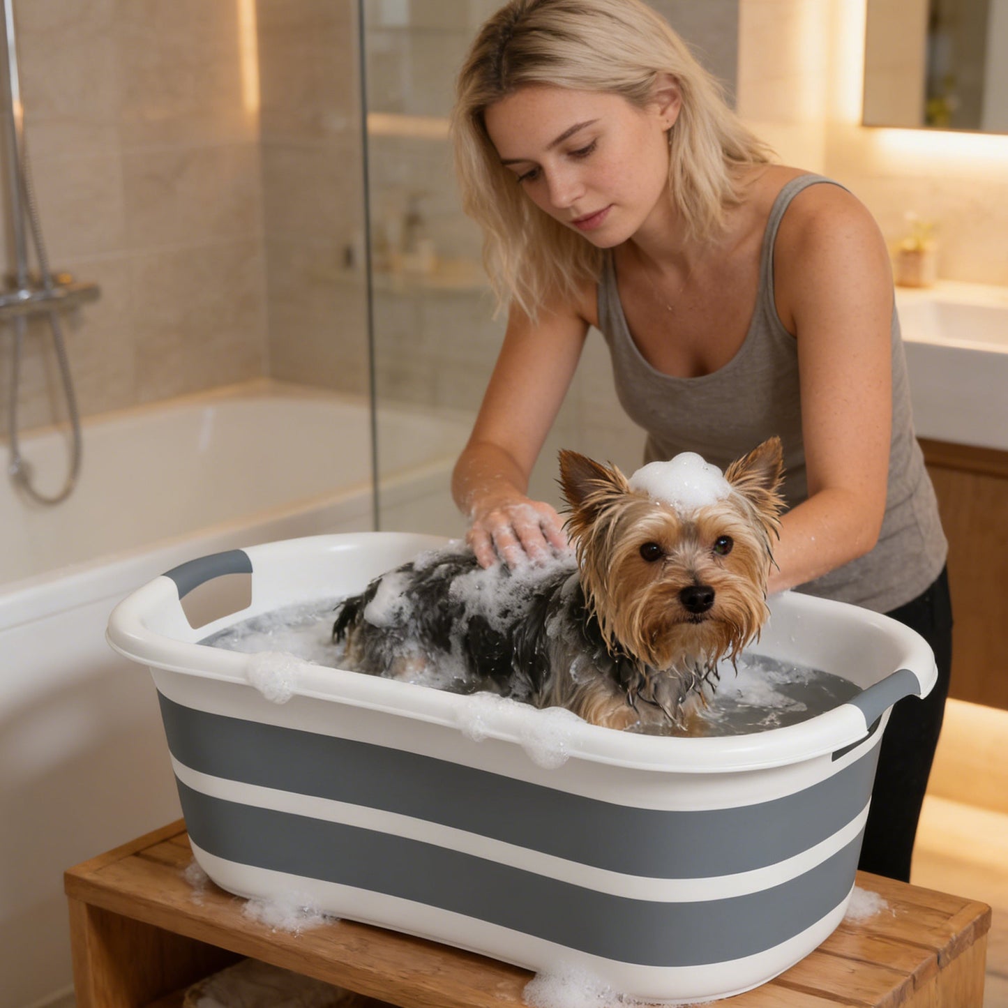 27L Collapsible Dog Bath Tub for Small Dogs & Cats, Portable Pet Bath Tub with Drainage Hole, Space Saving Foldable Puppy Bathtub for Indoor & Outdoor, Grey