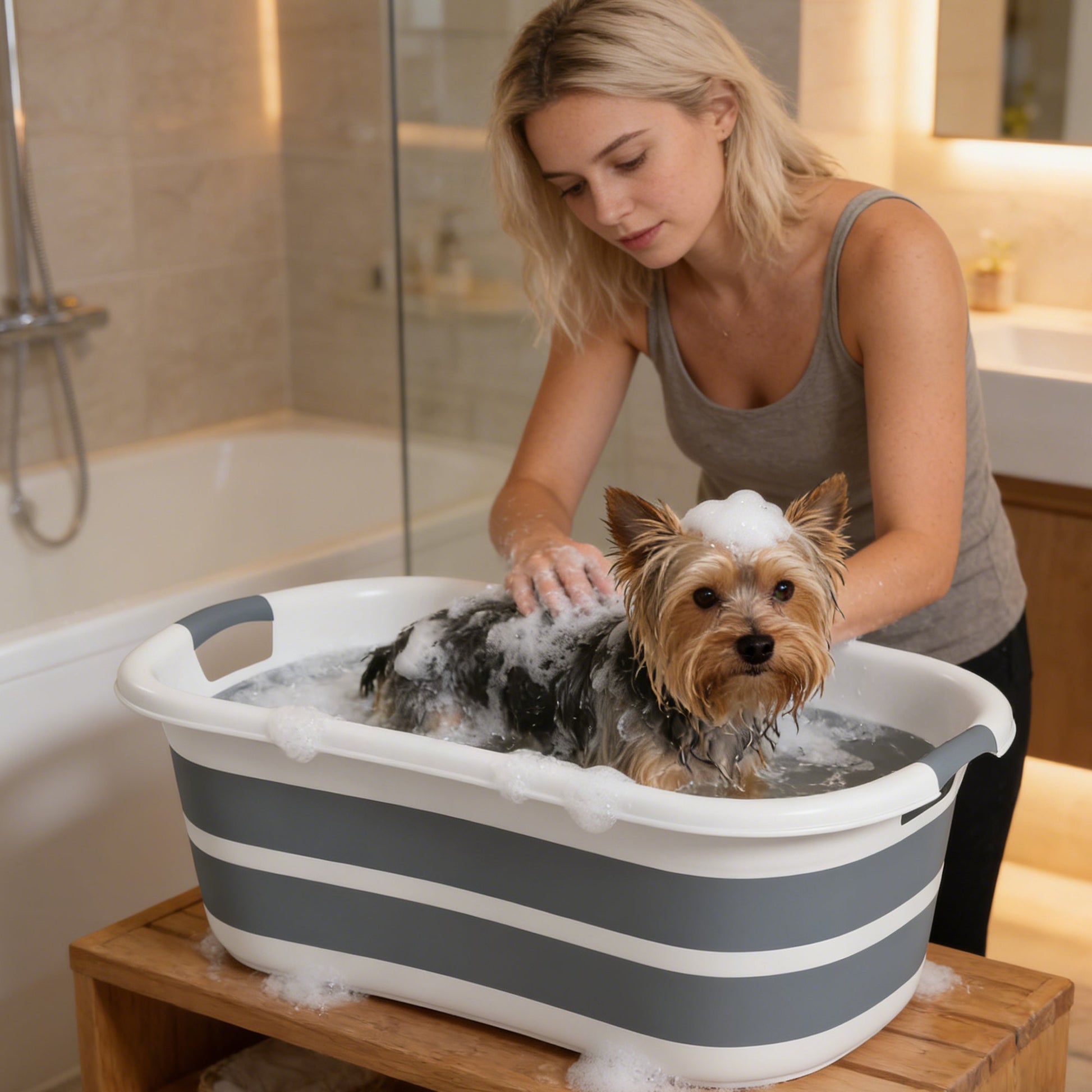 27L Collapsible Dog Bath Tub for Small Dogs & Cats, Portable Pet Bath Tub with Drainage Hole, Space Saving Foldable Puppy Bathtub for Indoor & Outdoor, Grey