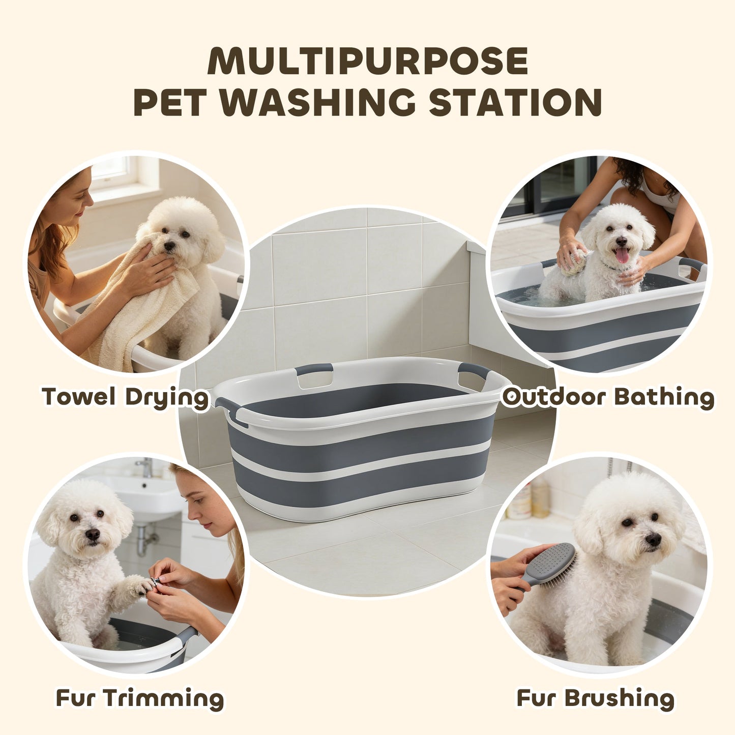 27L Collapsible Dog Bath Tub for Small Dogs & Cats, Portable Pet Bath Tub with Drainage Hole, Space Saving Foldable Puppy Bathtub for Indoor & Outdoor, Grey