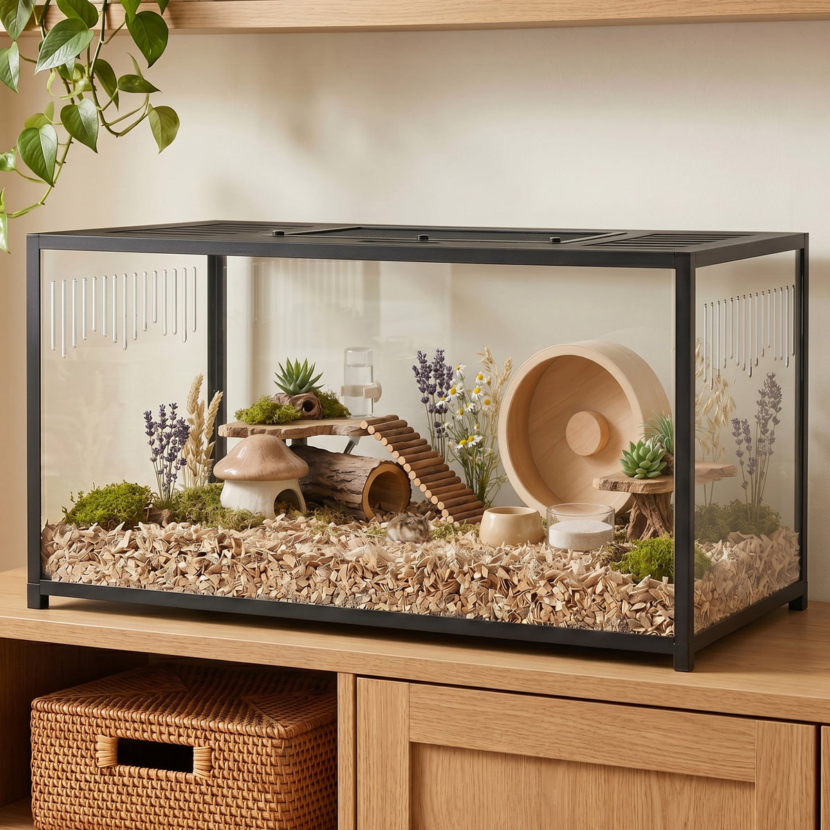 Large Hamster Cage, Chewproof Metal Rat Cage with Deep Base, Openable Top & Excellent Ventilation, Transparent Small Animal Habitat for Syrian Dwarf Hamster, Gerbil, 100 x 50 x 52.5 cm, Black