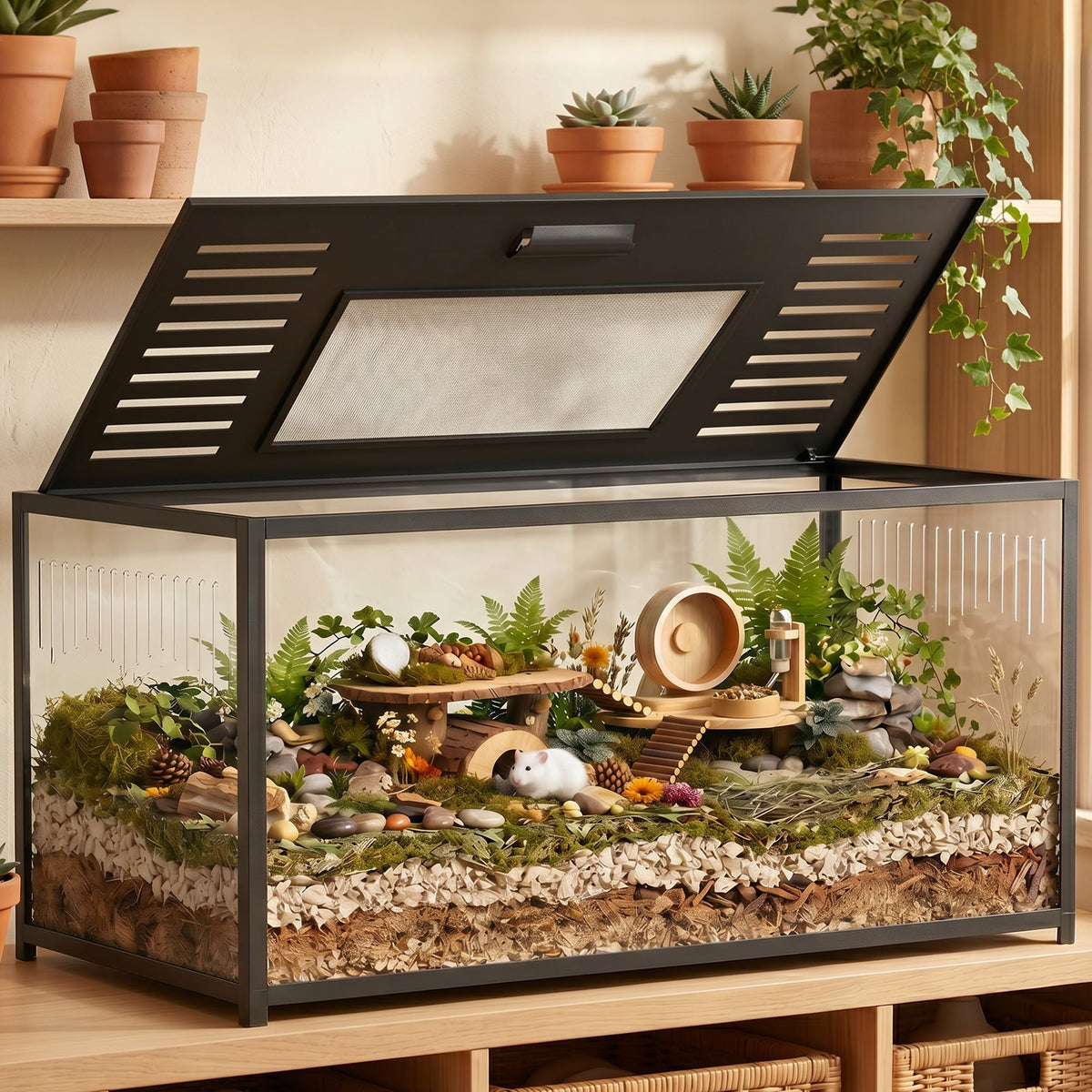 Large Hamster Cage, Chewproof Metal Rat Cage with Deep Base, Openable Top & Excellent Ventilation, Transparent Small Animal Habitat for Syrian Dwarf Hamster, Gerbil, 100 x 50 x 52.5 cm, Black