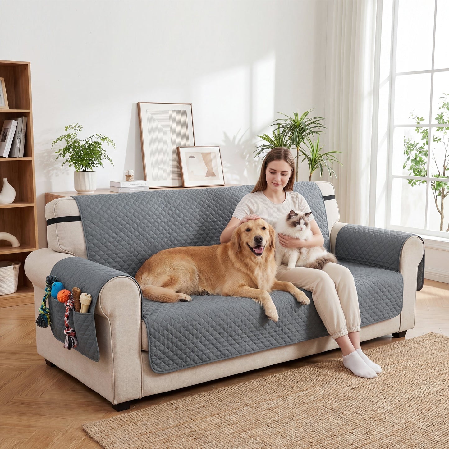 Waterproof Sofa Cover 3 Seater, Soft Couch Cover for Dogs Cats Pets, Non Slip Sofa Slipcoevr with Elastic Straps Furniture Protector for Living Room, Grey