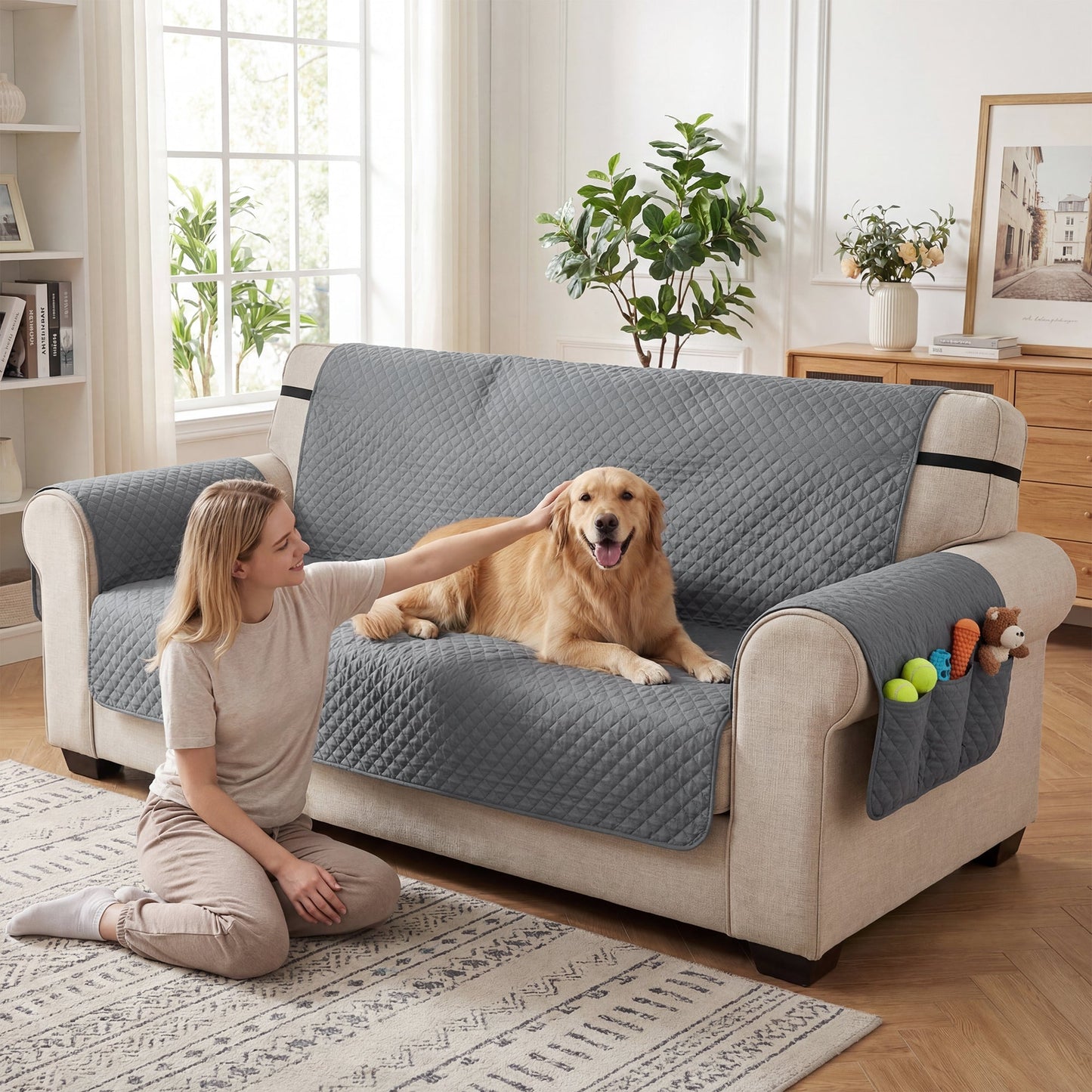 Waterproof Sofa Cover 3 Seater, Soft Couch Cover for Dogs Cats Pets, Non Slip Sofa Slipcoevr with Elastic Straps Furniture Protector for Living Room, Grey