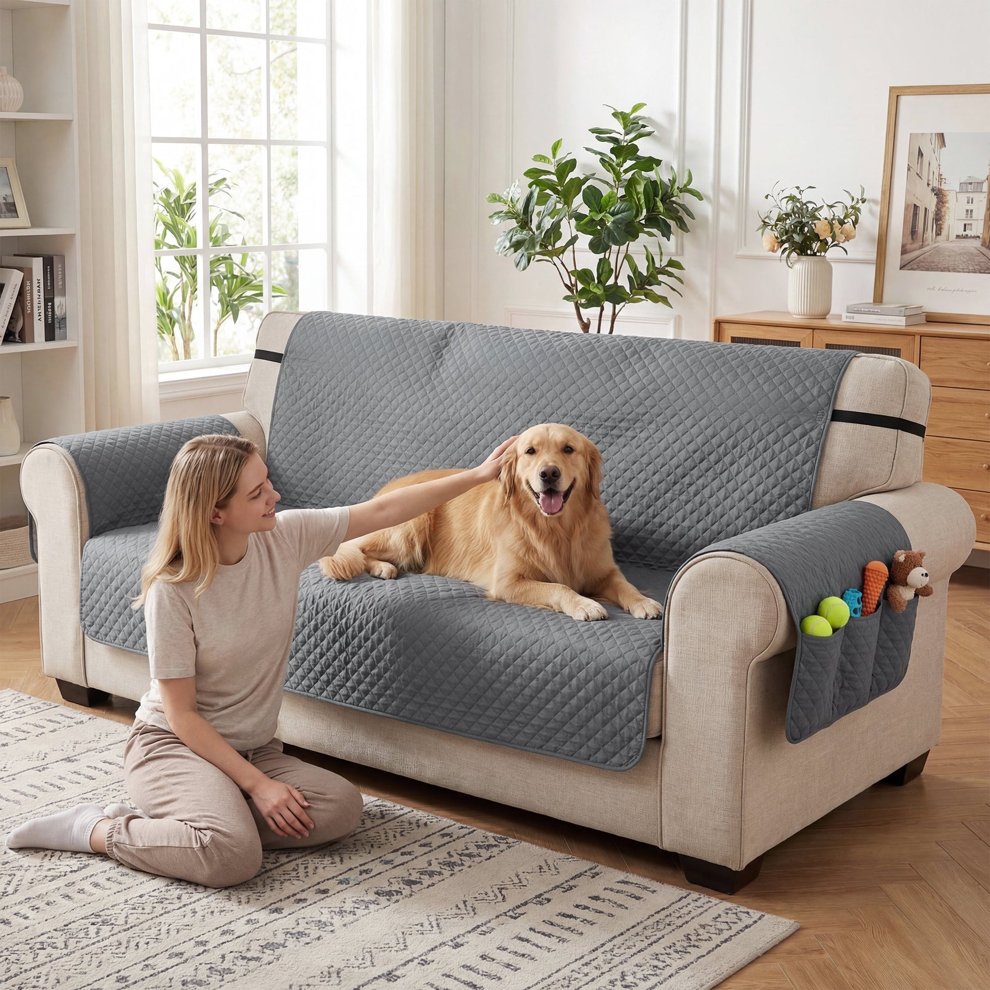 Waterproof Sofa Cover 3 Seater, Soft Couch Cover for Dogs Cats Pets, Non Slip Sofa Slipcoevr with Elastic Straps Furniture Protector for Living Room, Grey