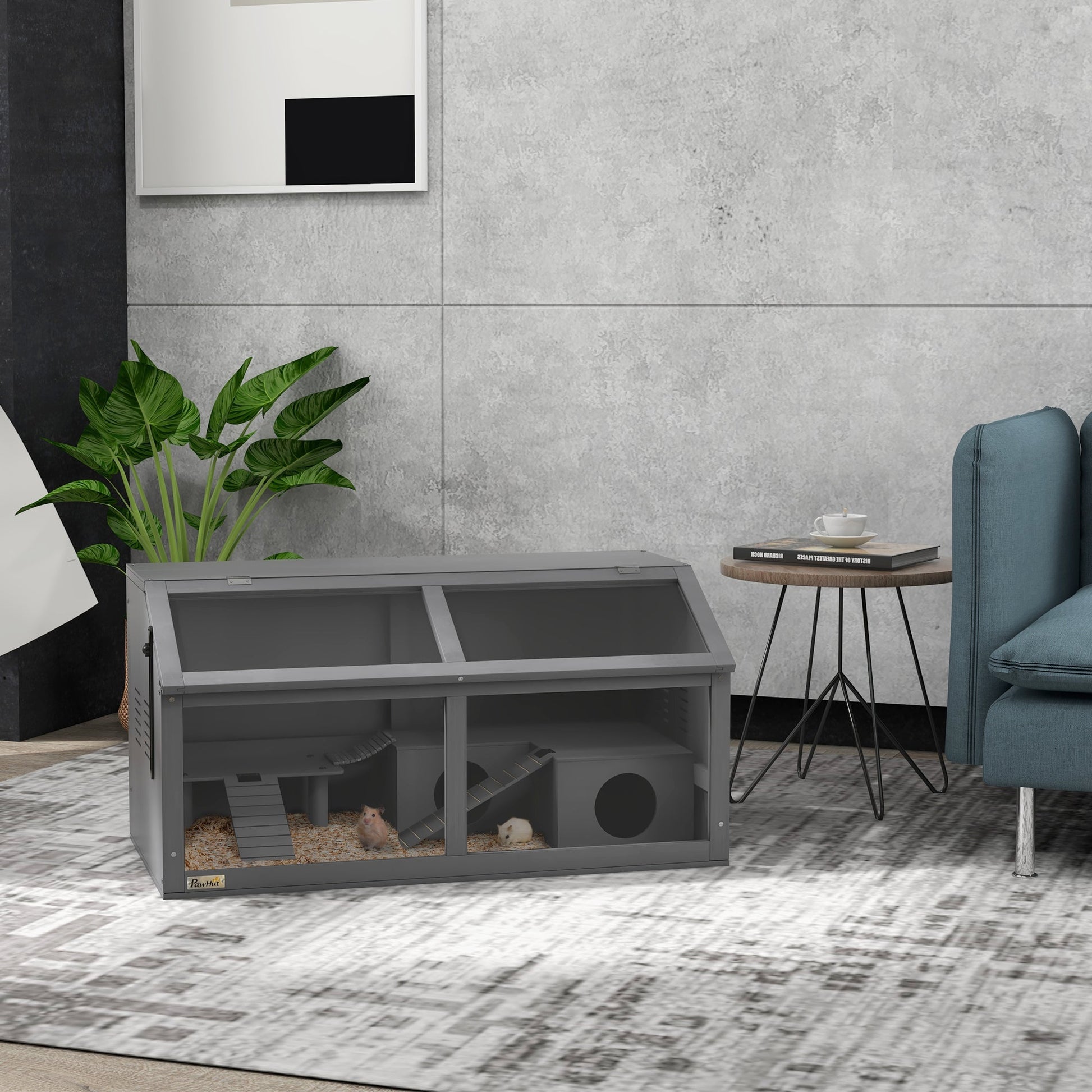 Wooden Hamster Cage, Gerbil Cage for Syrian Hamster with Exercise Play House, Openable Top 85 x 45 x 44cm - Grey