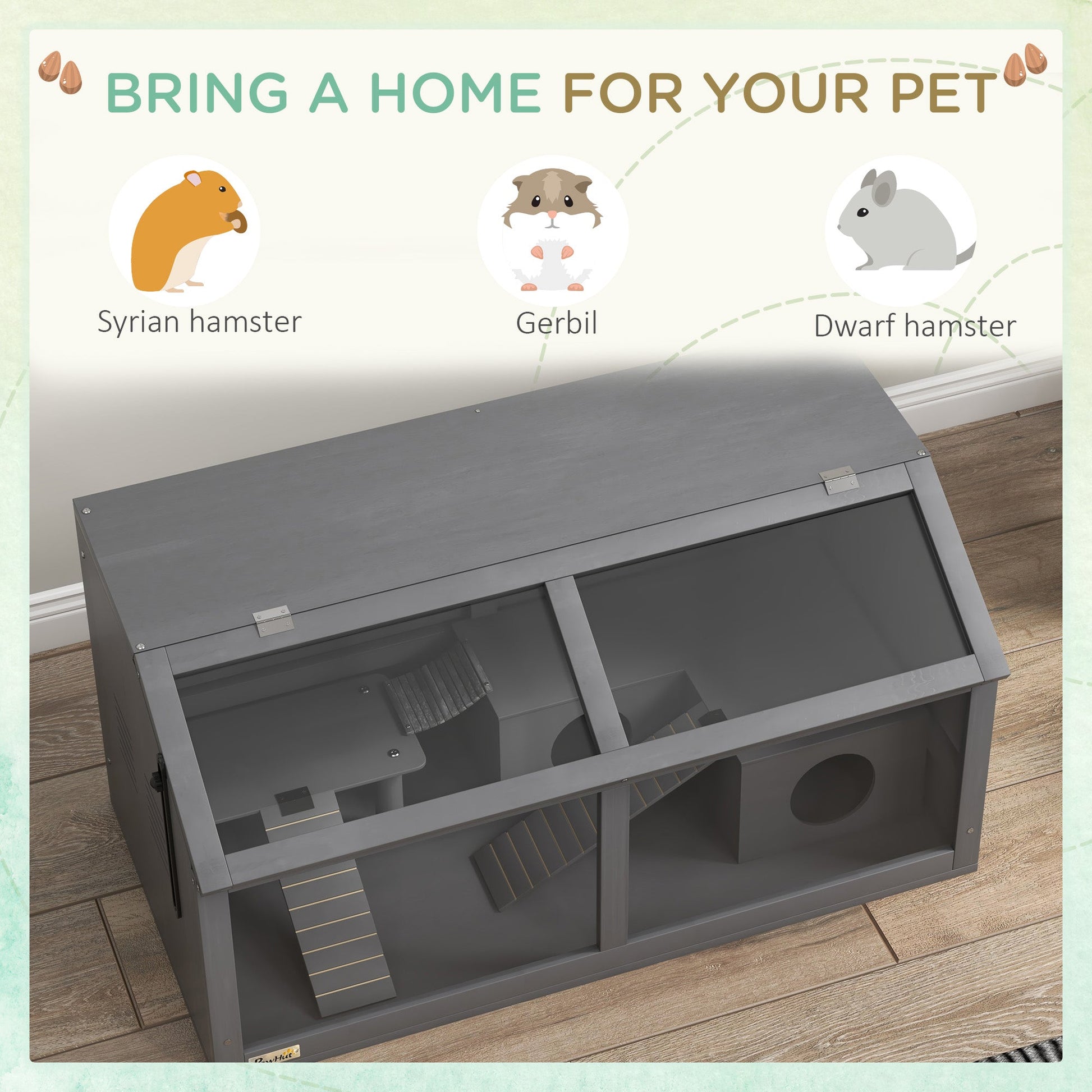 Wooden Hamster Cage, Gerbil Cage for Syrian Hamster with Exercise Play House, Openable Top 85 x 45 x 44cm - Grey