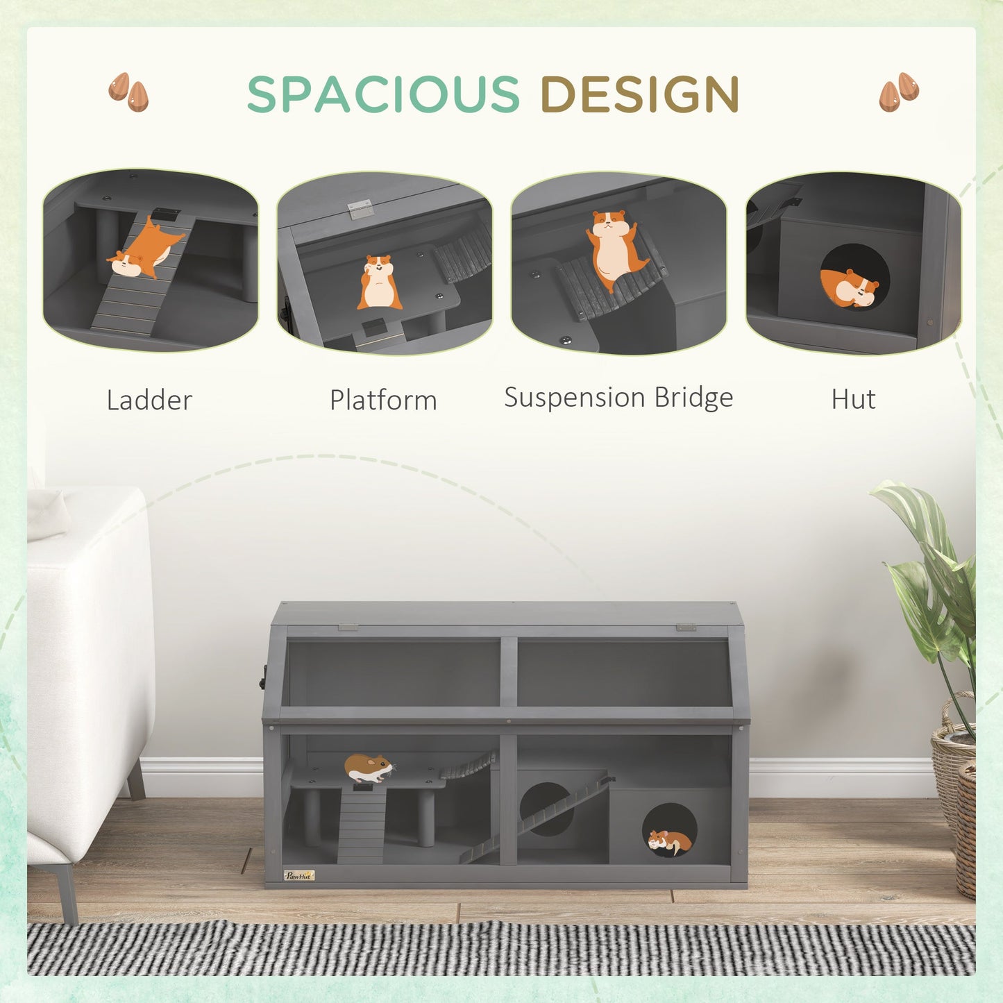 Wooden Hamster Cage, Gerbil Cage for Syrian Hamster with Exercise Play House, Openable Top 85 x 45 x 44cm - Grey