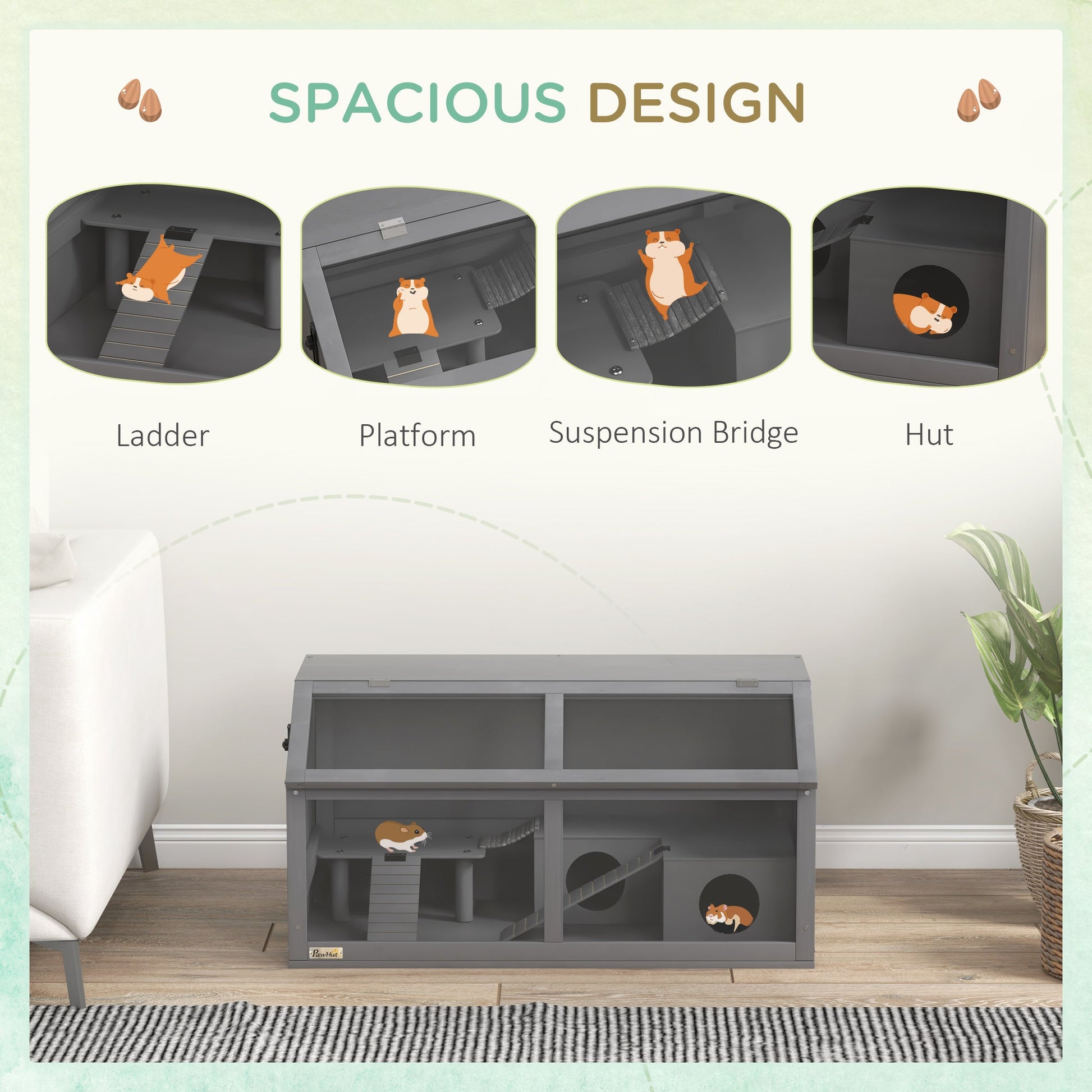 Wooden Hamster Cage, Gerbil Cage for Syrian Hamster with Exercise Play House, Openable Top 85 x 45 x 44cm - Grey