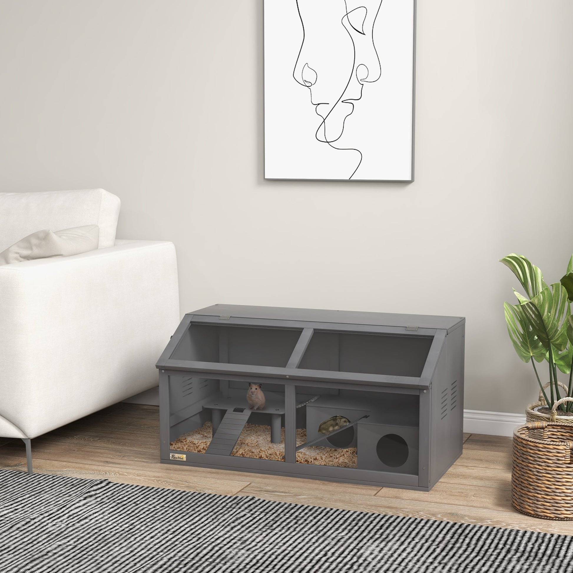 Wooden Hamster Cage, Gerbil Cage for Syrian Hamster with Exercise Play House, Openable Top 85 x 45 x 44cm - Grey