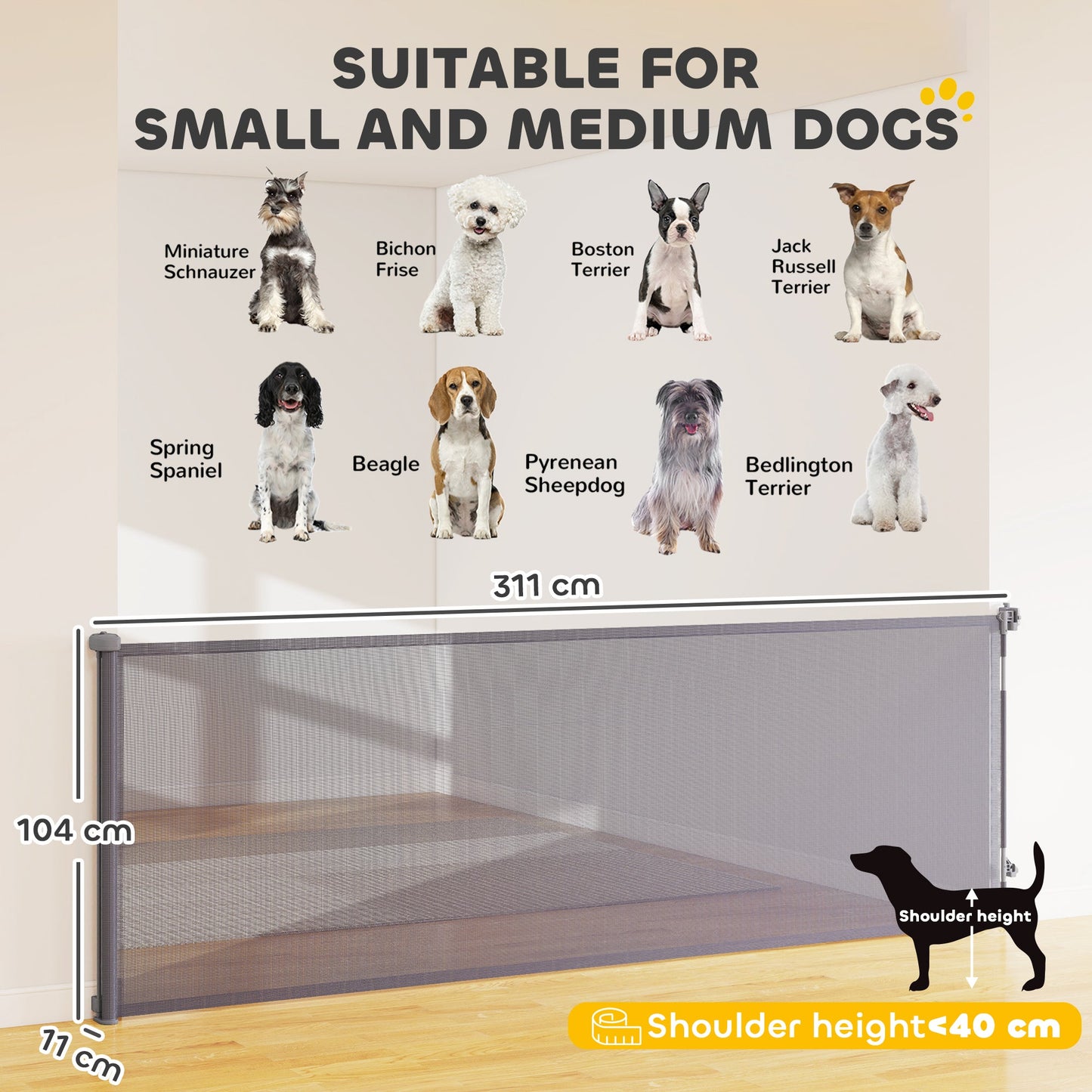 Retractable Stair Gate for Dogs, Pet Gate, Extends to 300 cm Wide & 104 cm Tall, One Handed Operation, for Stairs, Hallways, Doorways, Indoor and Outdoor, Grey