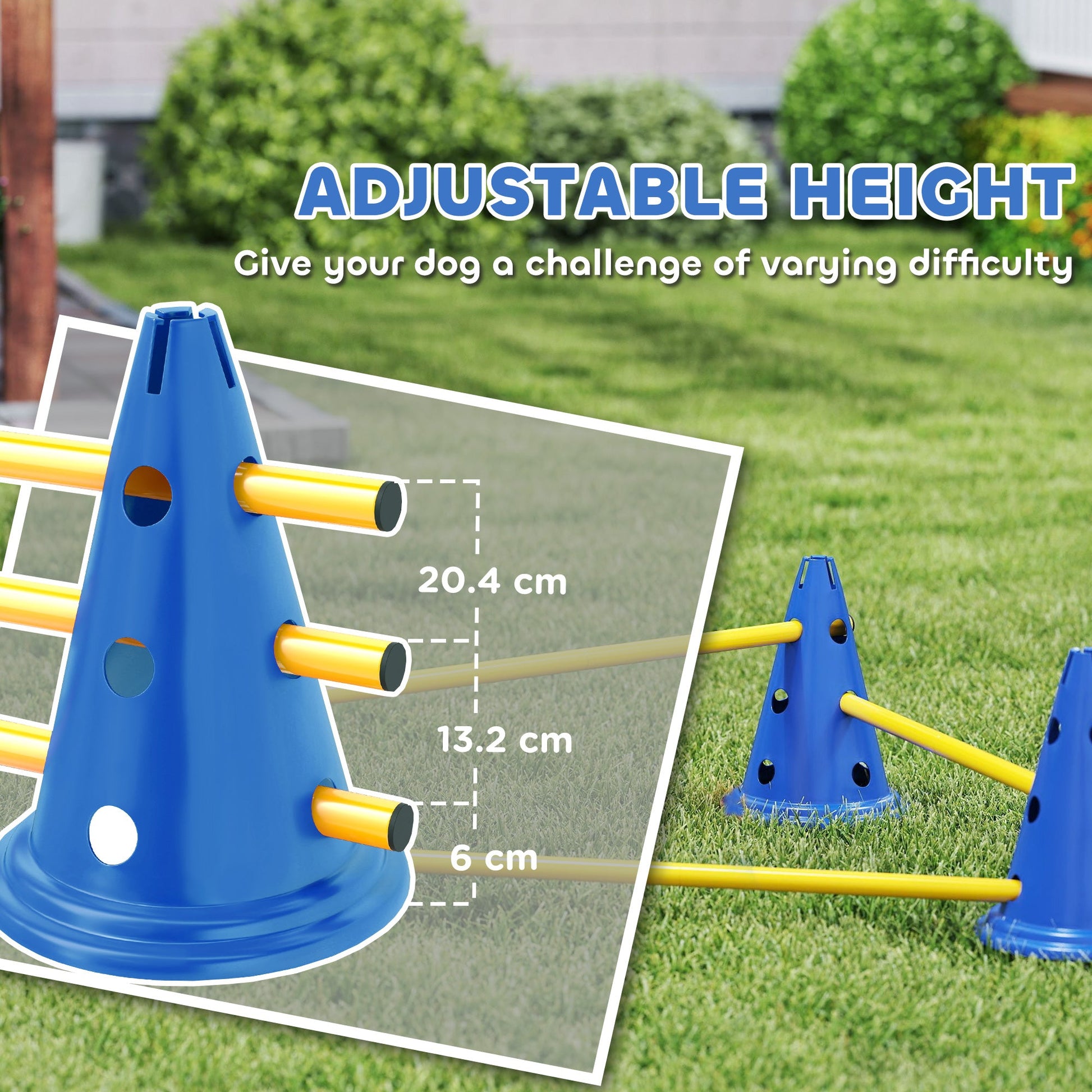 Dog Agility Equipment Set, Portable Pet Jump Training Kit for Eight Cones, Eight Poles with Carry Bag, Four-Piece Adjustable Height Jumping Obstacles, Blue