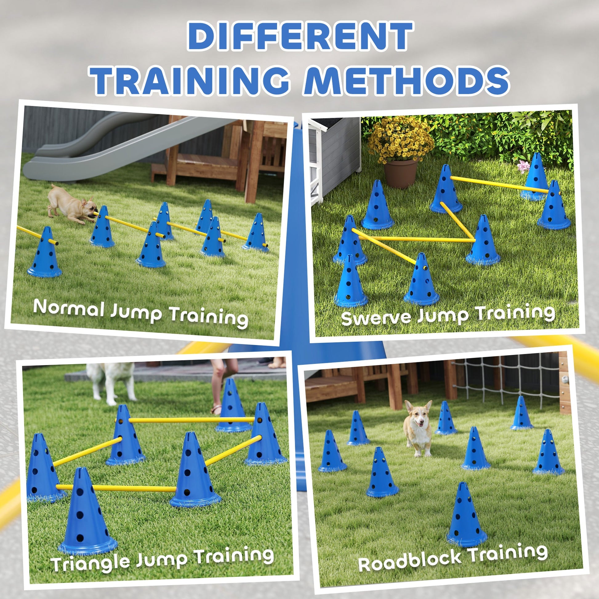 Dog Agility Equipment Set, Portable Pet Jump Training Kit for Eight Cones, Eight Poles with Carry Bag, Four-Piece Adjustable Height Jumping Obstacles, Blue