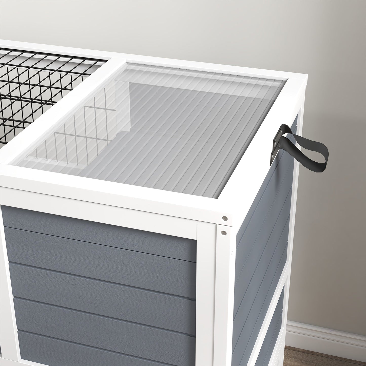 Rabbit Hutch Guinea Pig Hutch Indoor Wooden Small Animal House with Wheels, Openable Top, No-Leak Plastic Trays - Grey