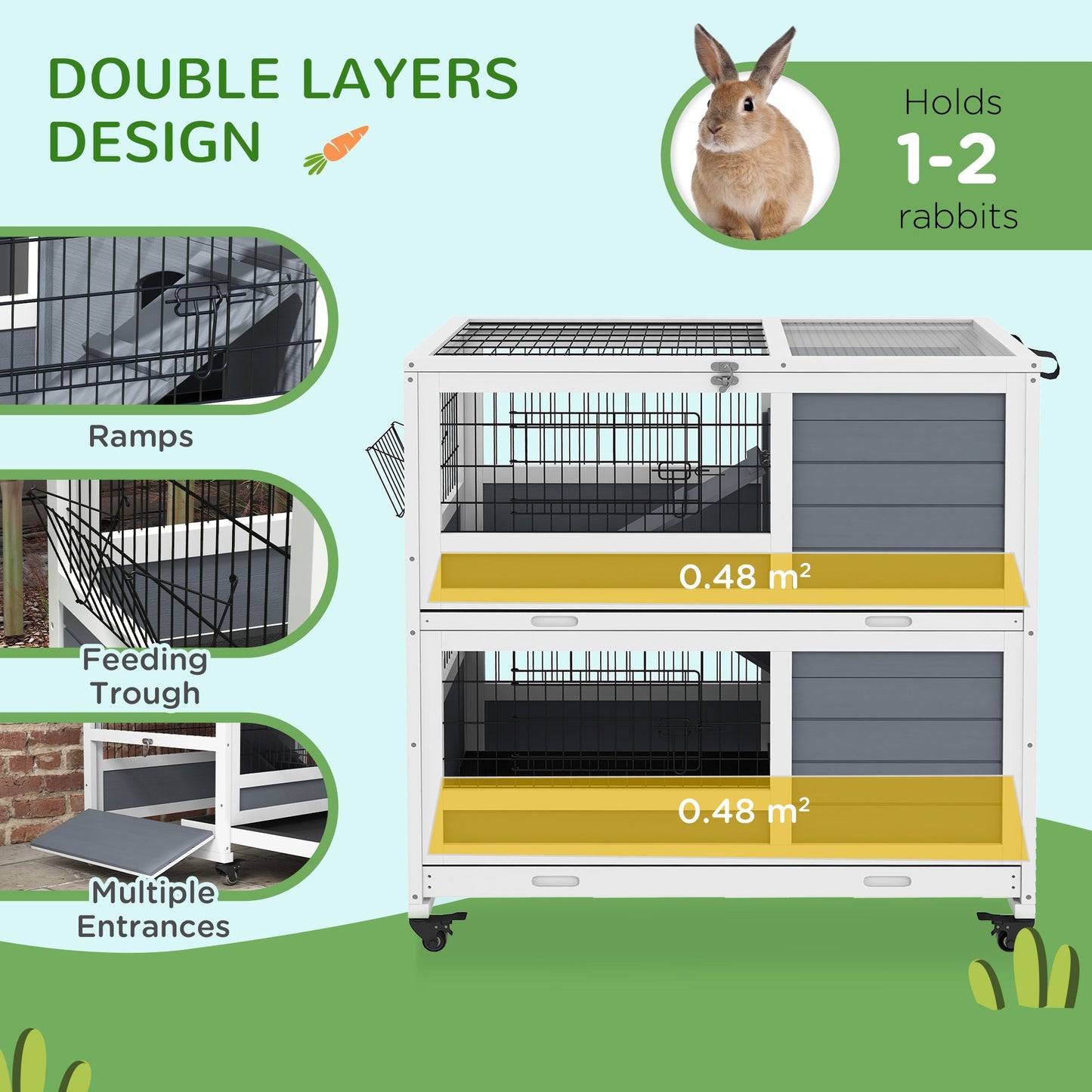 Rabbit Hutch Guinea Pig Hutch Indoor Wooden Small Animal House with Wheels, Openable Top, No-Leak Plastic Trays - Grey