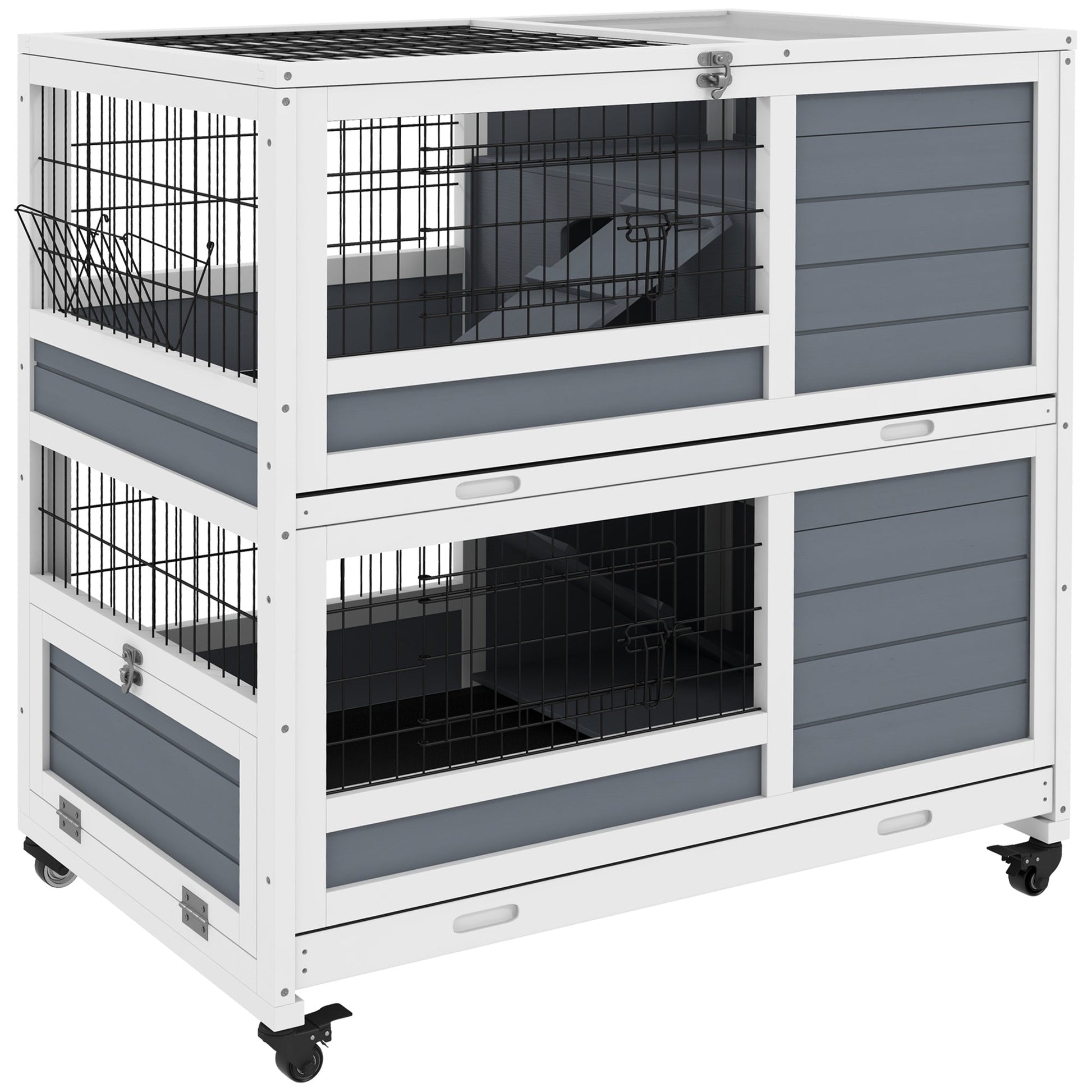 Rabbit Hutch Guinea Pig Hutch Indoor Wooden Small Animal House with Wheels, Openable Top, No-Leak Plastic Trays - Grey