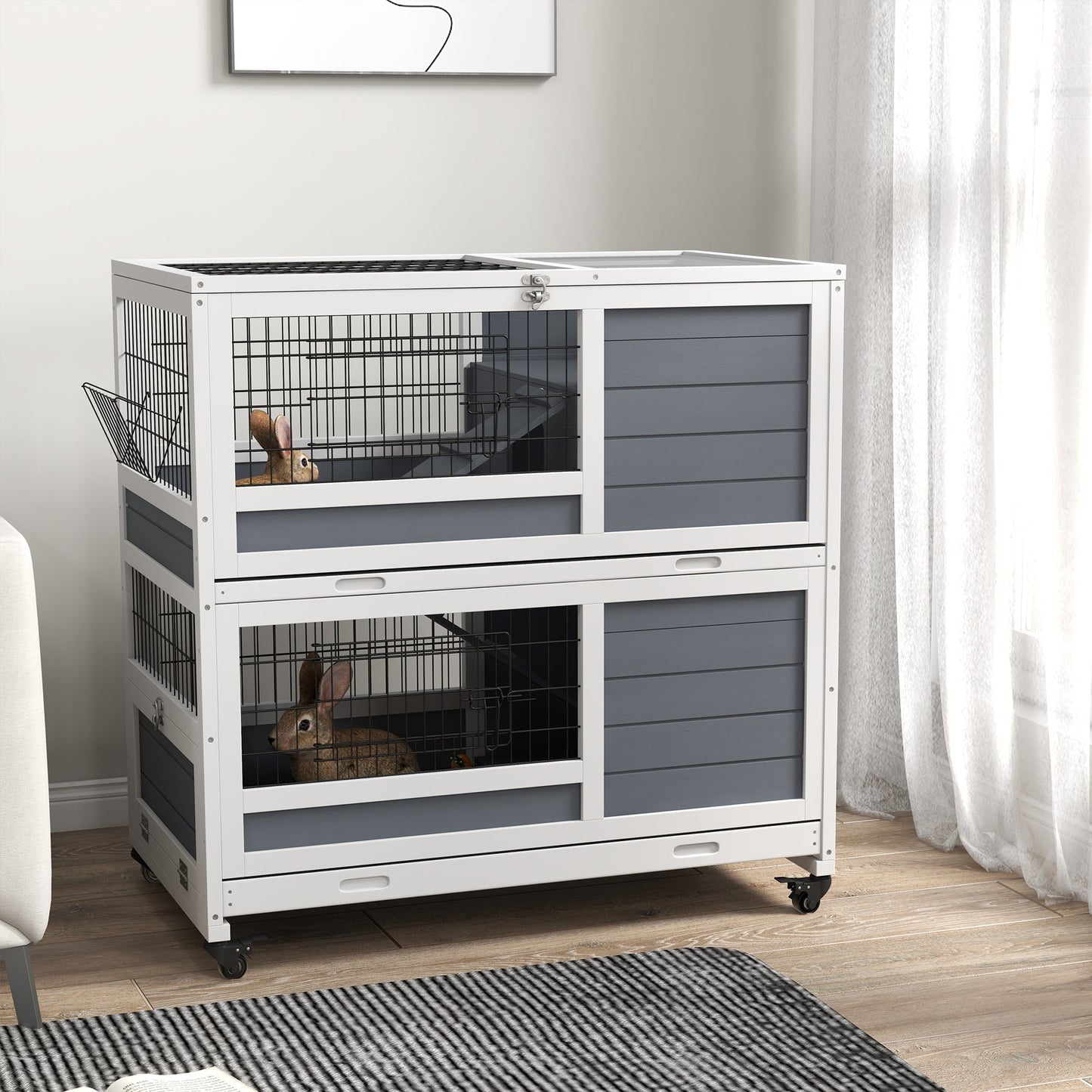 Rabbit Hutch Guinea Pig Hutch Indoor Wooden Small Animal House with Wheels, Openable Top, No-Leak Plastic Trays - Grey