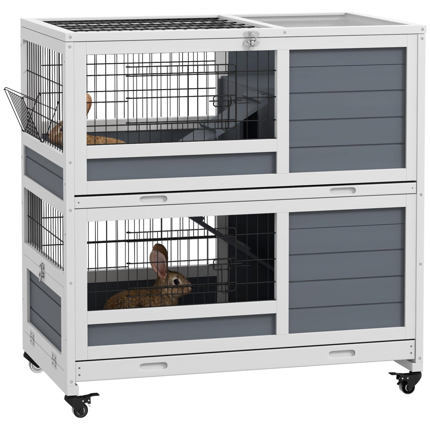 Rabbit Hutch Guinea Pig Hutch Indoor Wooden Small Animal House with Wheels, Openable Top, No-Leak Plastic Trays - Grey