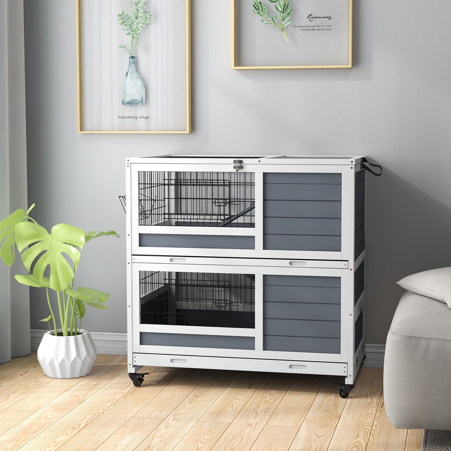 Rabbit Hutch Guinea Pig Hutch Indoor Wooden Small Animal House with Wheels, Openable Top, No-Leak Plastic Trays - Grey