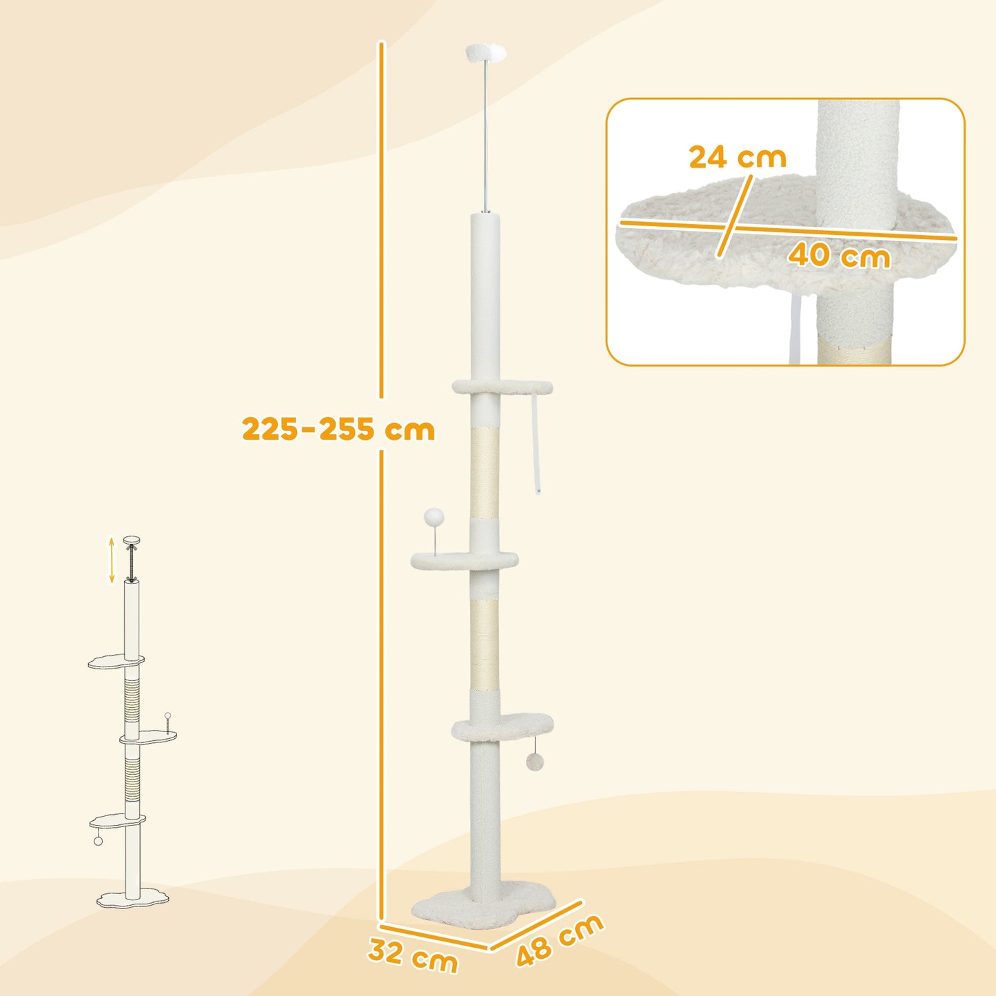 Floor to Ceiling Cat Tree, 225-255 cm Adjustable Cat Climbing Tower with 3 Cloud Perches, Sisal Scratching Posts, 2 Hanging Play Balls and Anti-Tip Strap, Beige