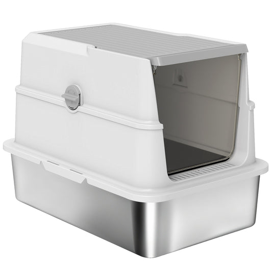 Stainless Steel Cat Litter Tray, Extra Large Enclosed Litter Box for Large Cats with Scoop, Flip Top, Easy Cleaning, Light Grey