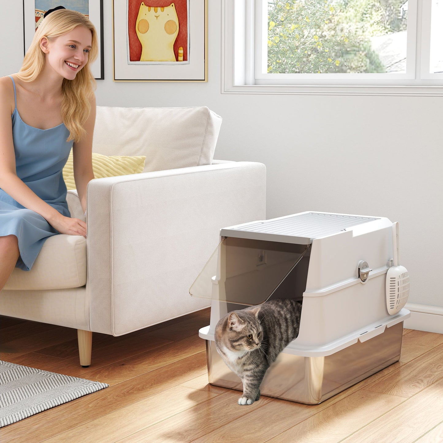 Stainless Steel Cat Litter Tray, Extra Large Enclosed Litter Box for Large Cats with Scoop, Flip Top, Easy Cleaning, Light Grey