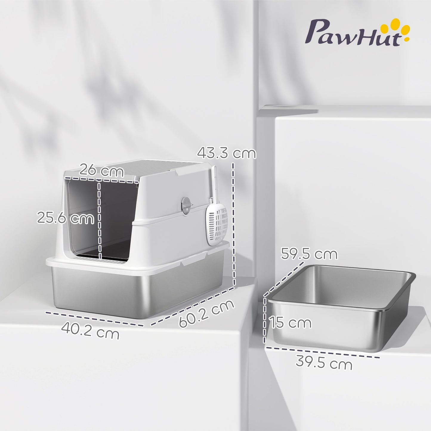 Stainless Steel Cat Litter Tray, Extra Large Enclosed Litter Box for Large Cats with Scoop, Flip Top, Easy Cleaning, Light Grey