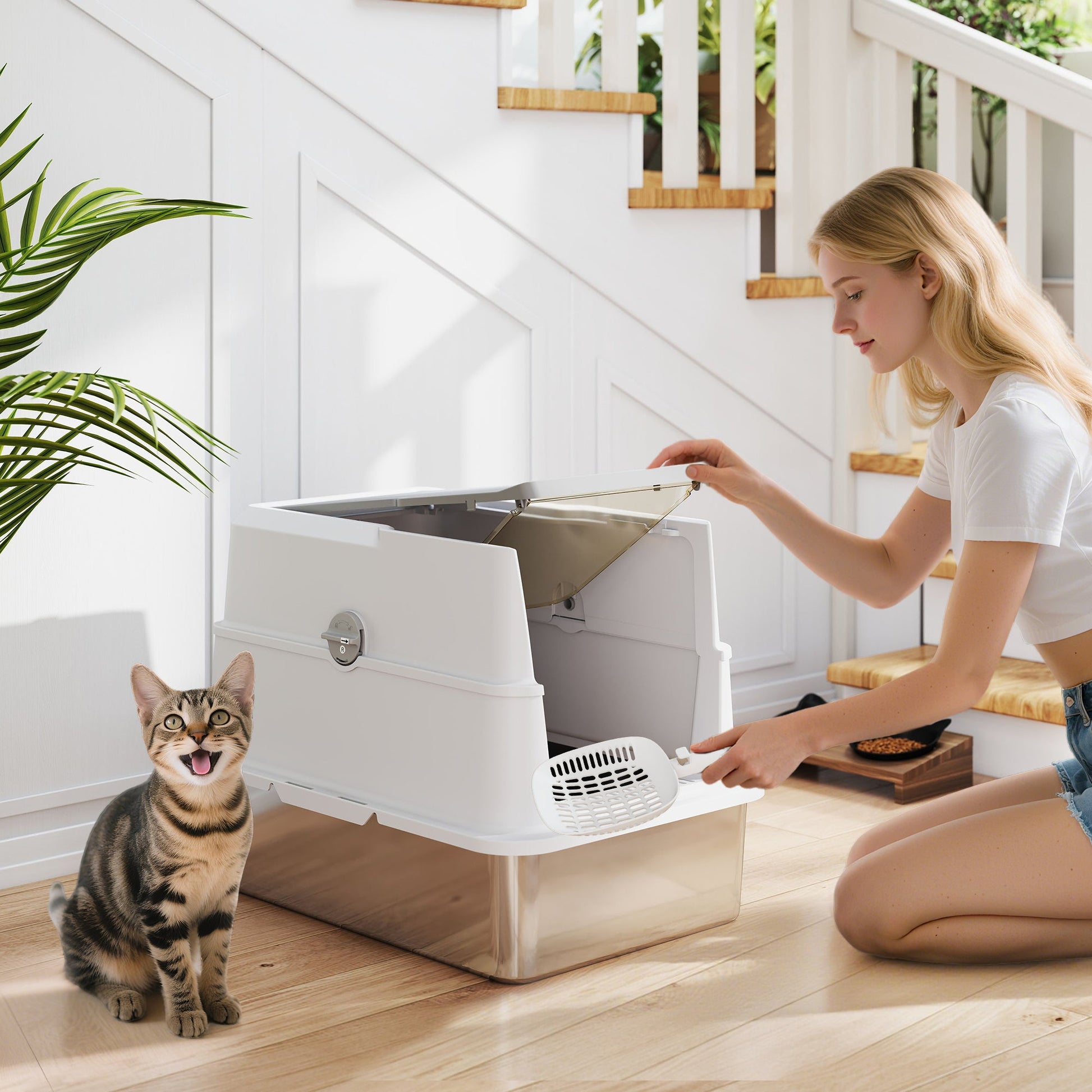 Stainless Steel Cat Litter Tray, Extra Large Enclosed Litter Box for Large Cats with Scoop, Flip Top, Easy Cleaning, Light Grey