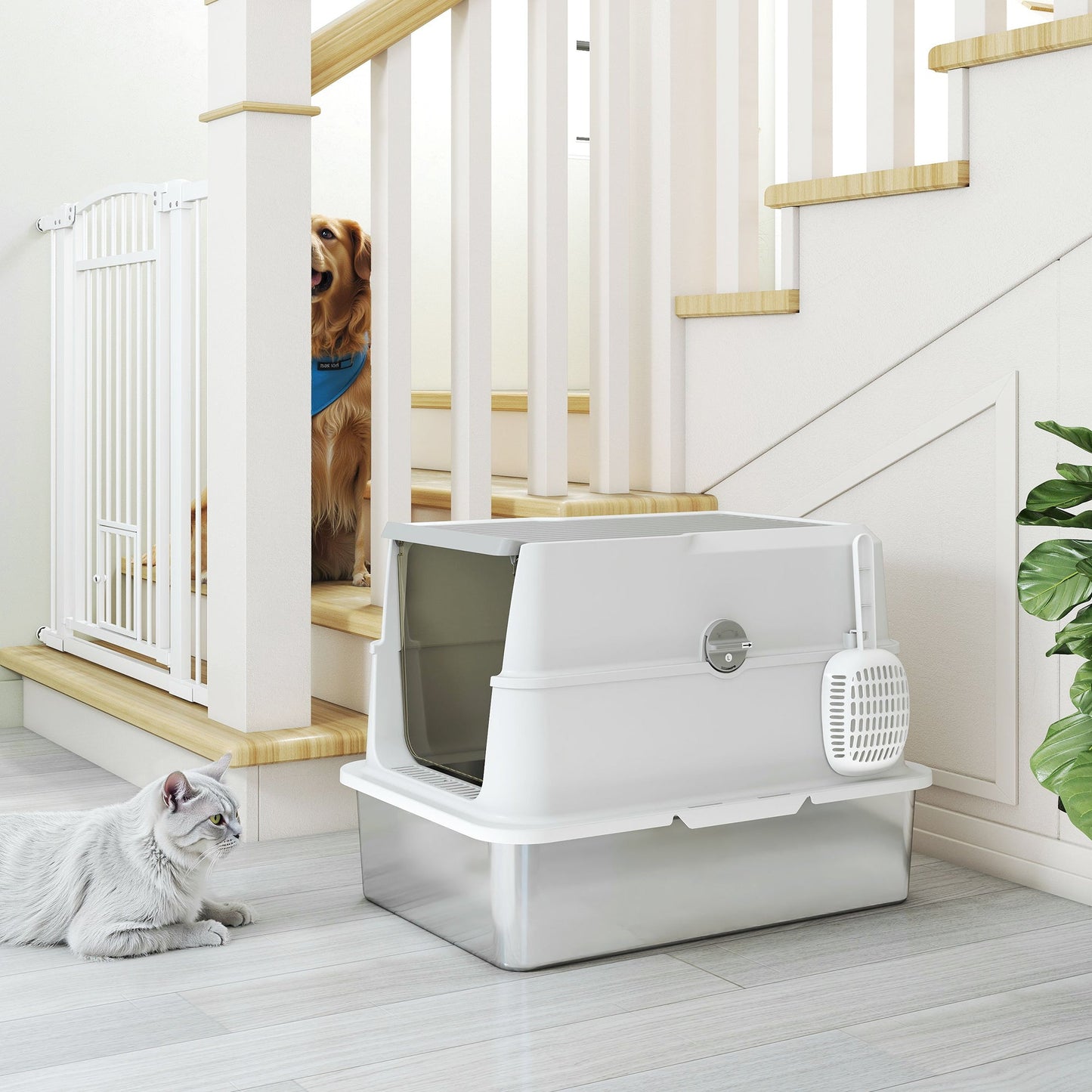 Stainless Steel Cat Litter Tray, Extra Large Enclosed Litter Box for Large Cats with Scoop, Flip Top, Easy Cleaning, Light Grey