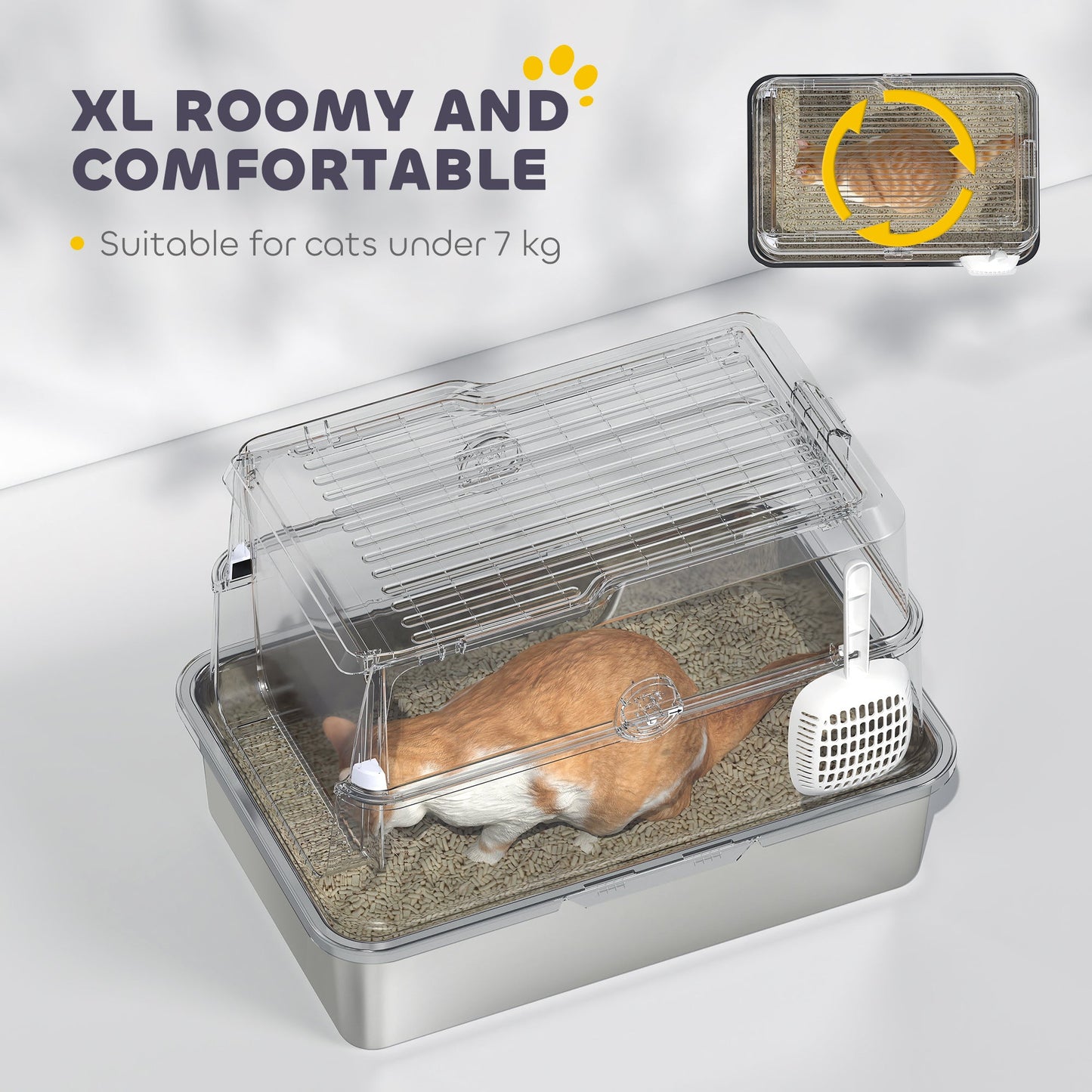 Stainless Steel Cat Litter Tray, Extra Large Enclosed Litter Box for Large Cats with Scoop, Flip Top, Easy Cleaning, Light Grey