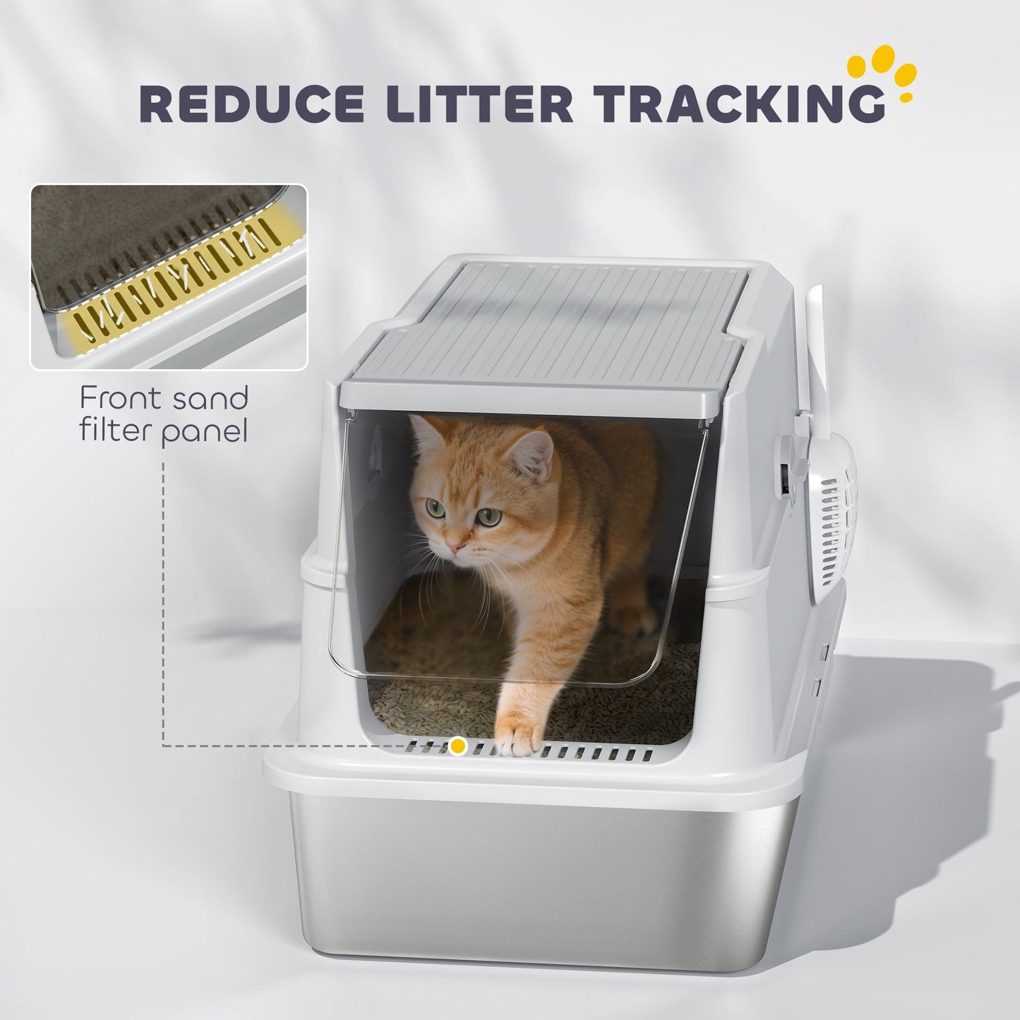 Stainless Steel Cat Litter Tray, Extra Large Enclosed Litter Box for Large Cats with Scoop, Flip Top, Easy Cleaning, Light Grey