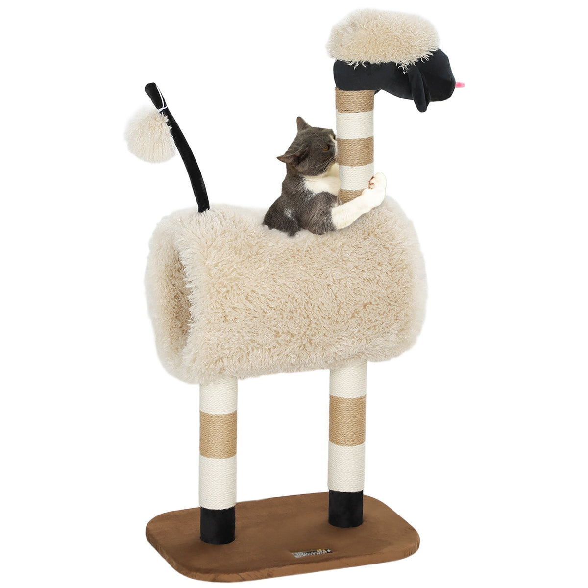 Cat Tree Sheep Design, 98 cm Multi-Level Cat Tower with Scratching Posts, Tunnel & Play Ball for Indoor Kitten Climbing, Playing, Relaxing, Easy Assembly, Light Brown