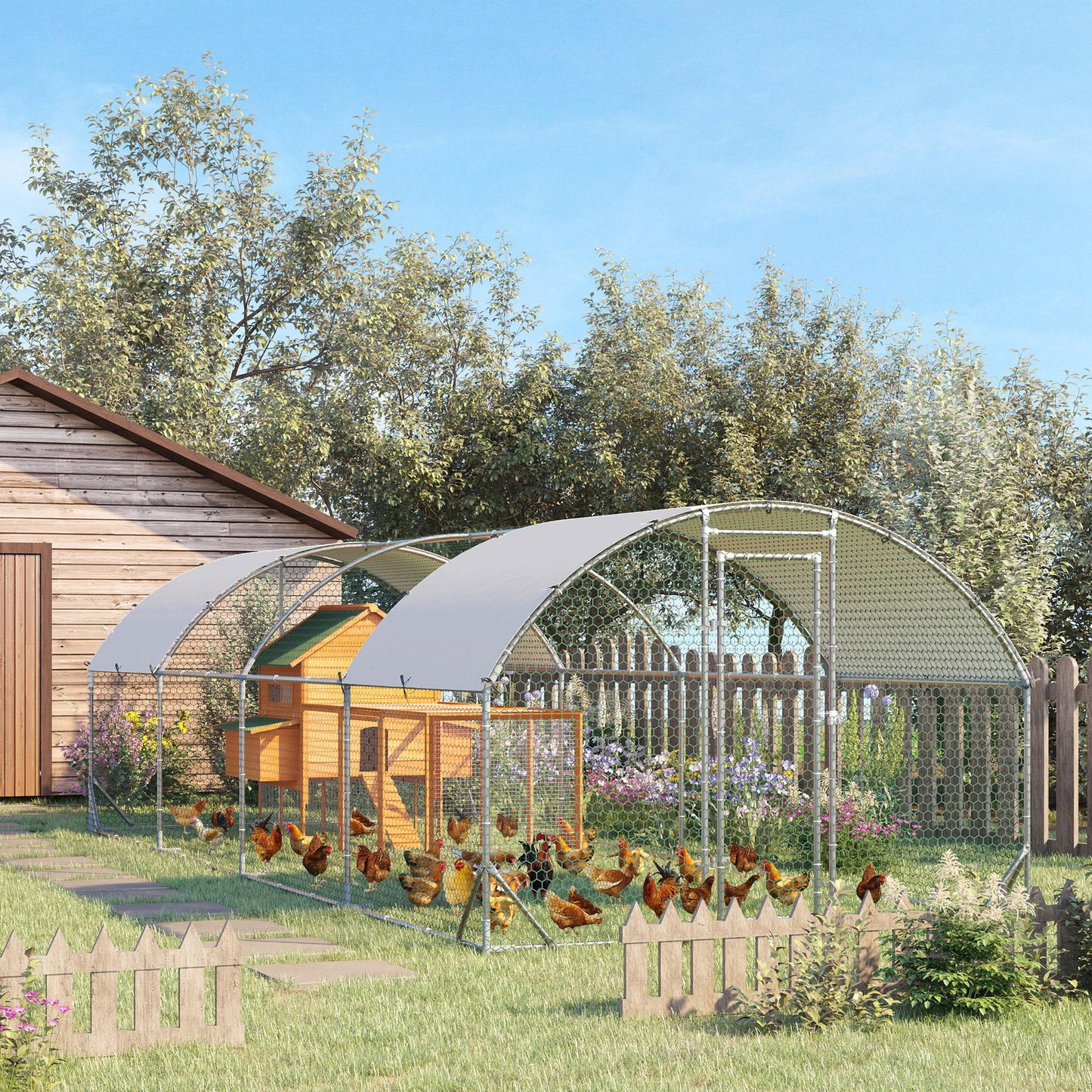 Walk In Chicken Run Galvanised Chicken Coop Hen Poultry House Cage Pet Playpen Garden with Two Water-Resist Covers, 7.6 x 2.8 x 2m