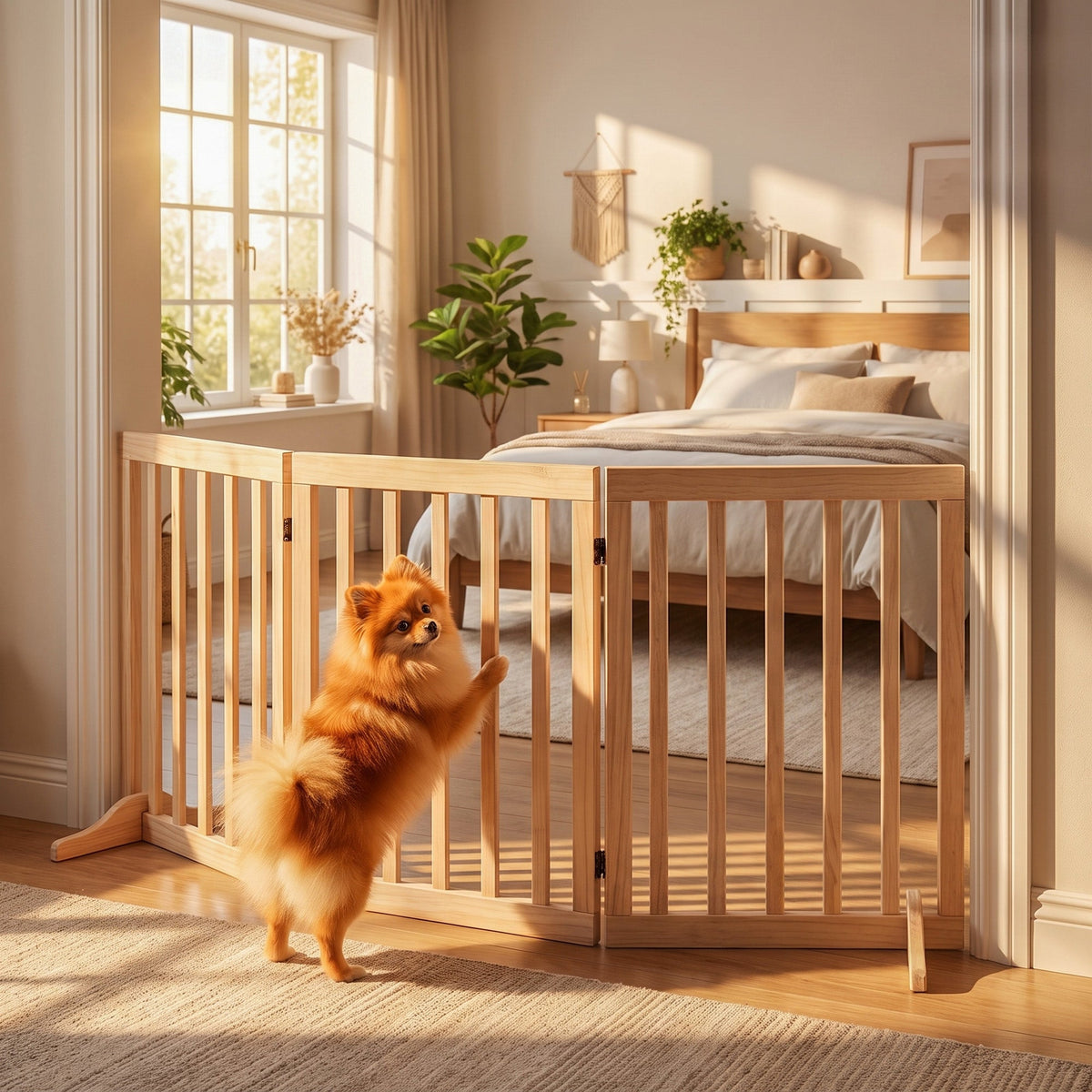 Wooden Dog Gate, 3-Panel Freestanding Pet Gates Indoor with 2 Support Feet and 360° Flexible Hinges, Foldable Dog Barrier for Stairs, Doorways, Bedrooms, 61H cm, Natural