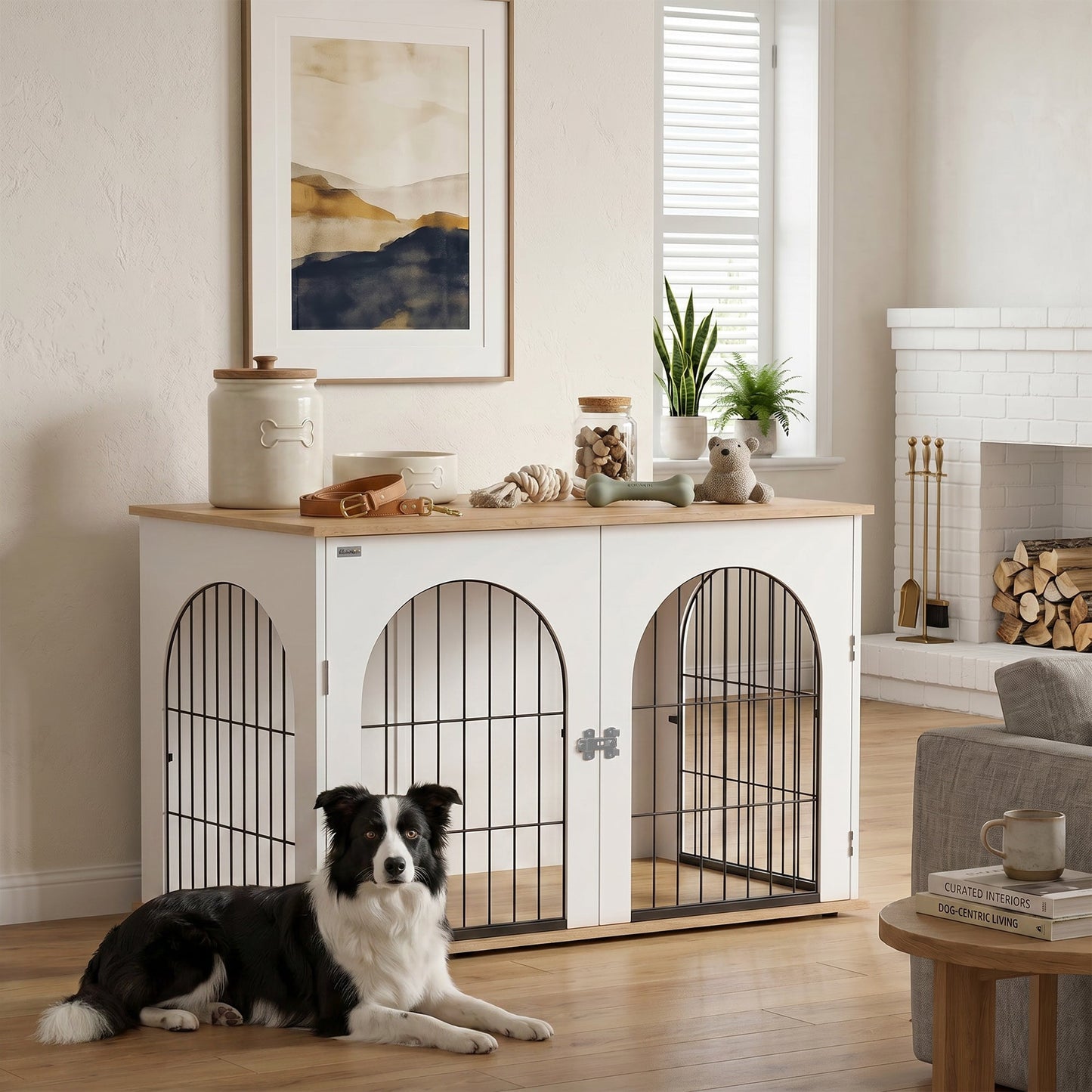 Dog Crate Furniture, Indoor Dog Cage with Double Doors for Large Breeds, Pet Kennel End Side Table with Arched Door Design, 100 x 60 x 69 cm, White