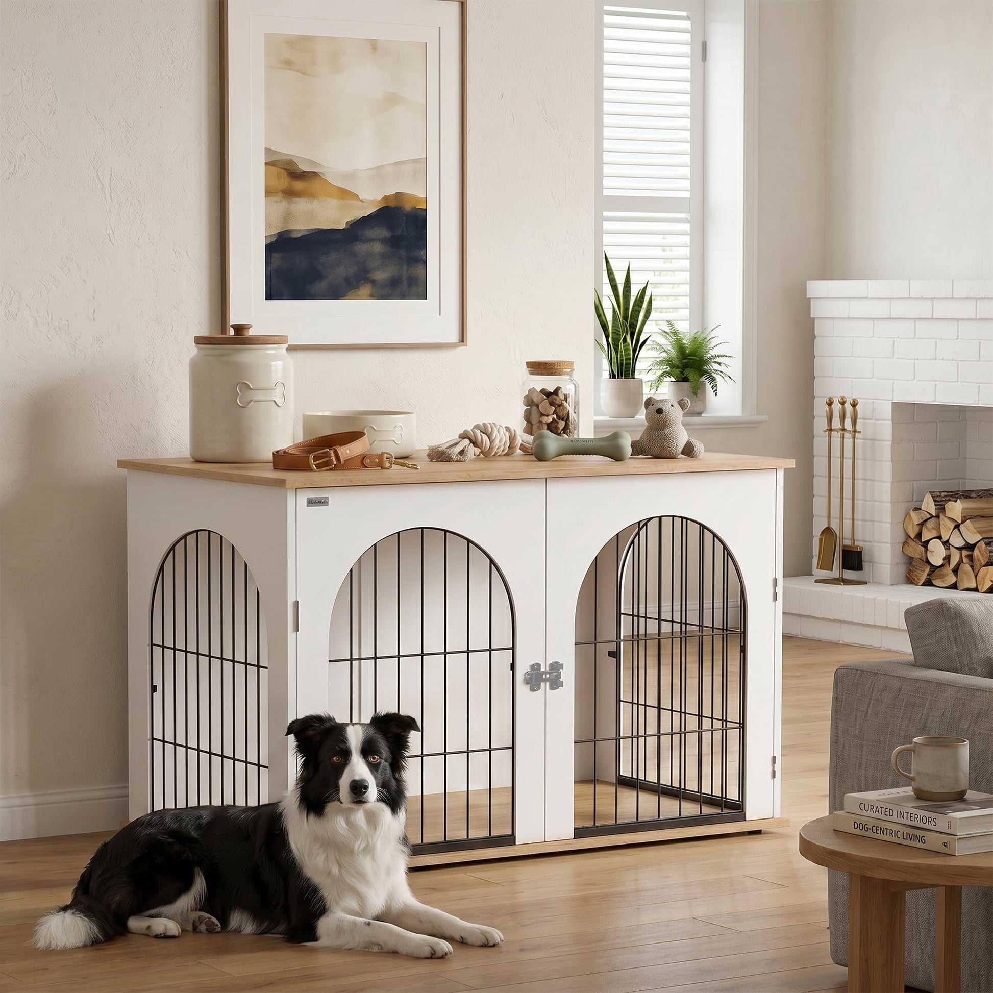 Dog Crate Furniture, Indoor Dog Cage with Double Doors for Large Breeds, Pet Kennel End Side Table with Arched Door Design, 100 x 60 x 69 cm, White