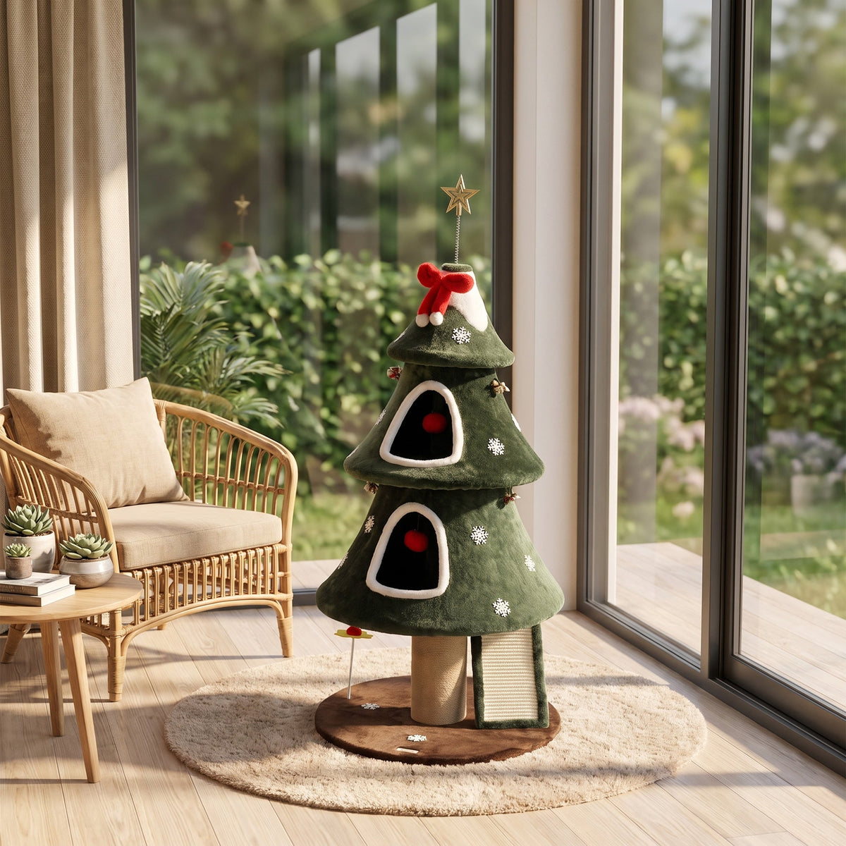 Cat Tree, Christmas Cat Tower with Dual Condos, Sisal Ladder, Jute Posts, Anti-Tip Rope, Hanging Balls, Scratching Post for Indoor Kittens, 60 x 60 x 132 cm, Green